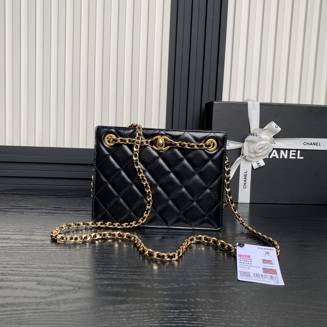 Chanel AS5204 Small Shopping Bag Shiny Lambskin Gold-Tone Metal Black