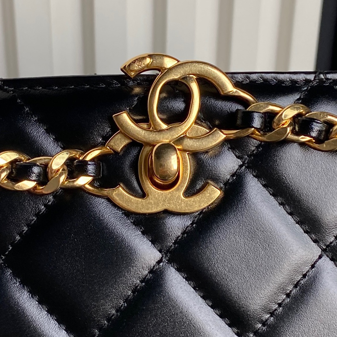 Chanel AS5204 Small Shopping Bag Shiny Lambskin Gold-Tone Metal Black