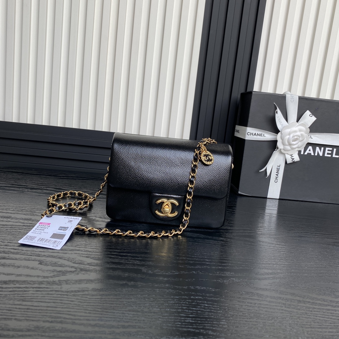 Chanel AS5218 Mini Flap Bag Grained Shiny Calfskin Gold-Tone Metal Black