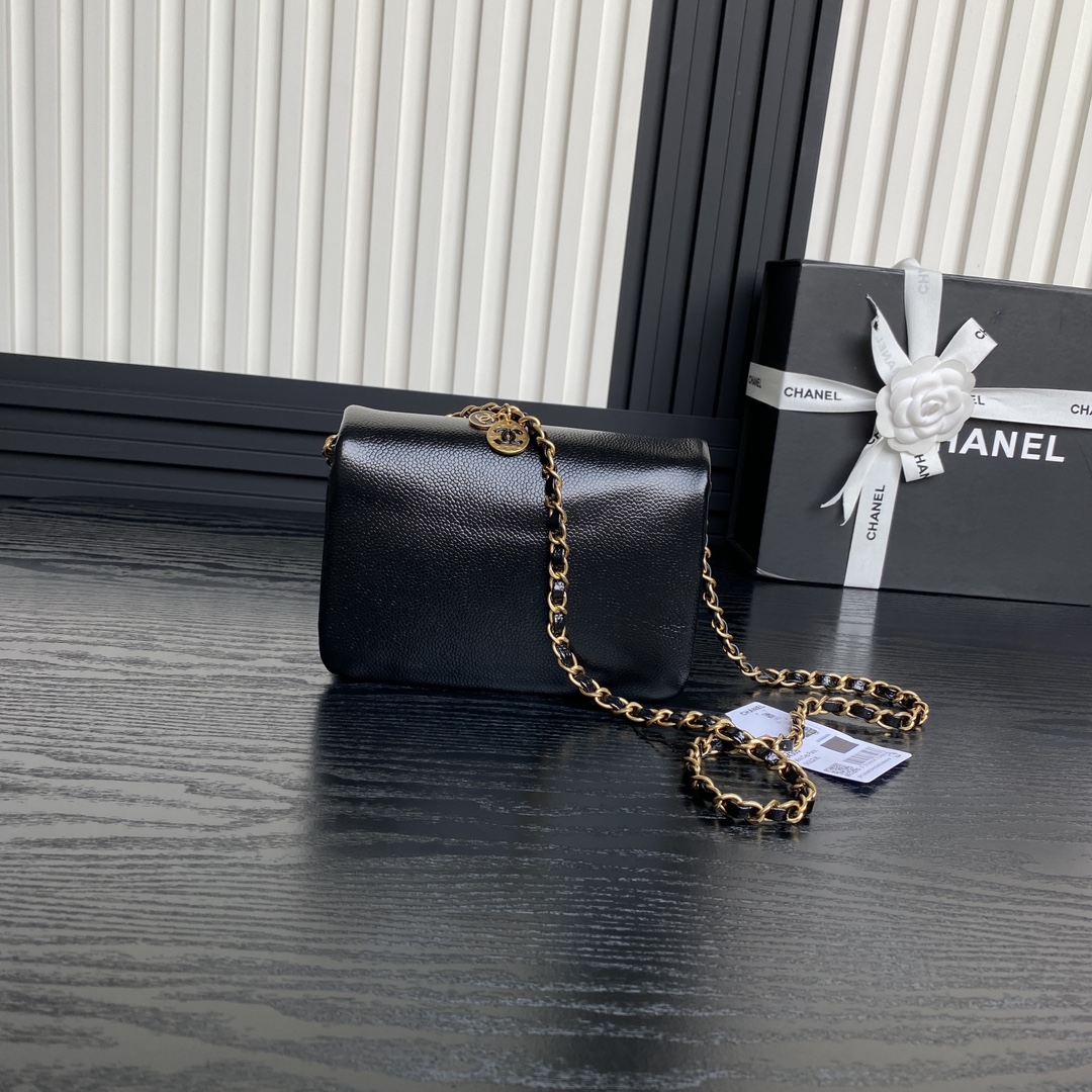 Chanel AS5218 Mini Flap Bag Grained Shiny Calfskin Gold-Tone Metal Black