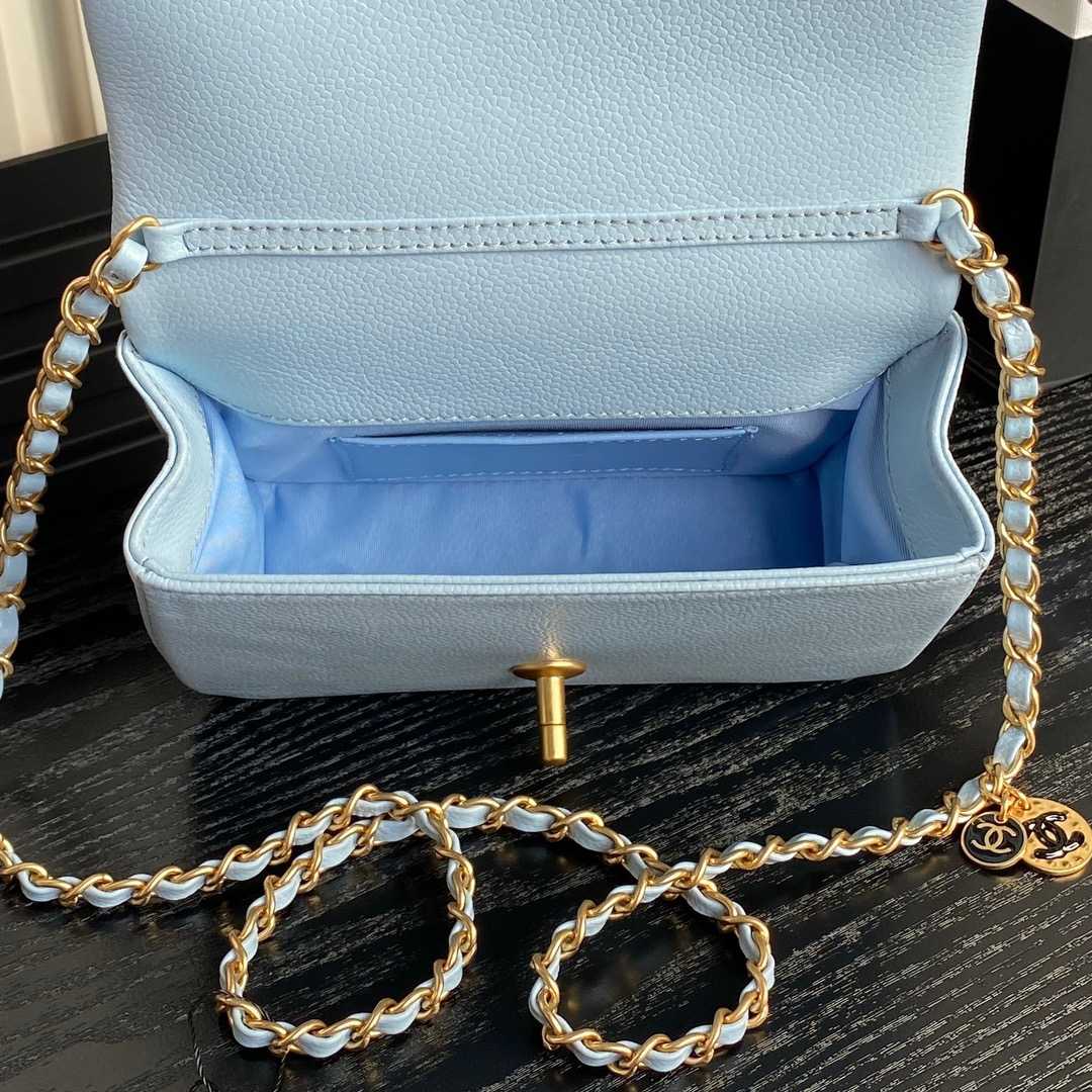 Chanel AS5218 Mini Flap Bag Grained Shiny Calfskin Gold-Tone Metal Blue