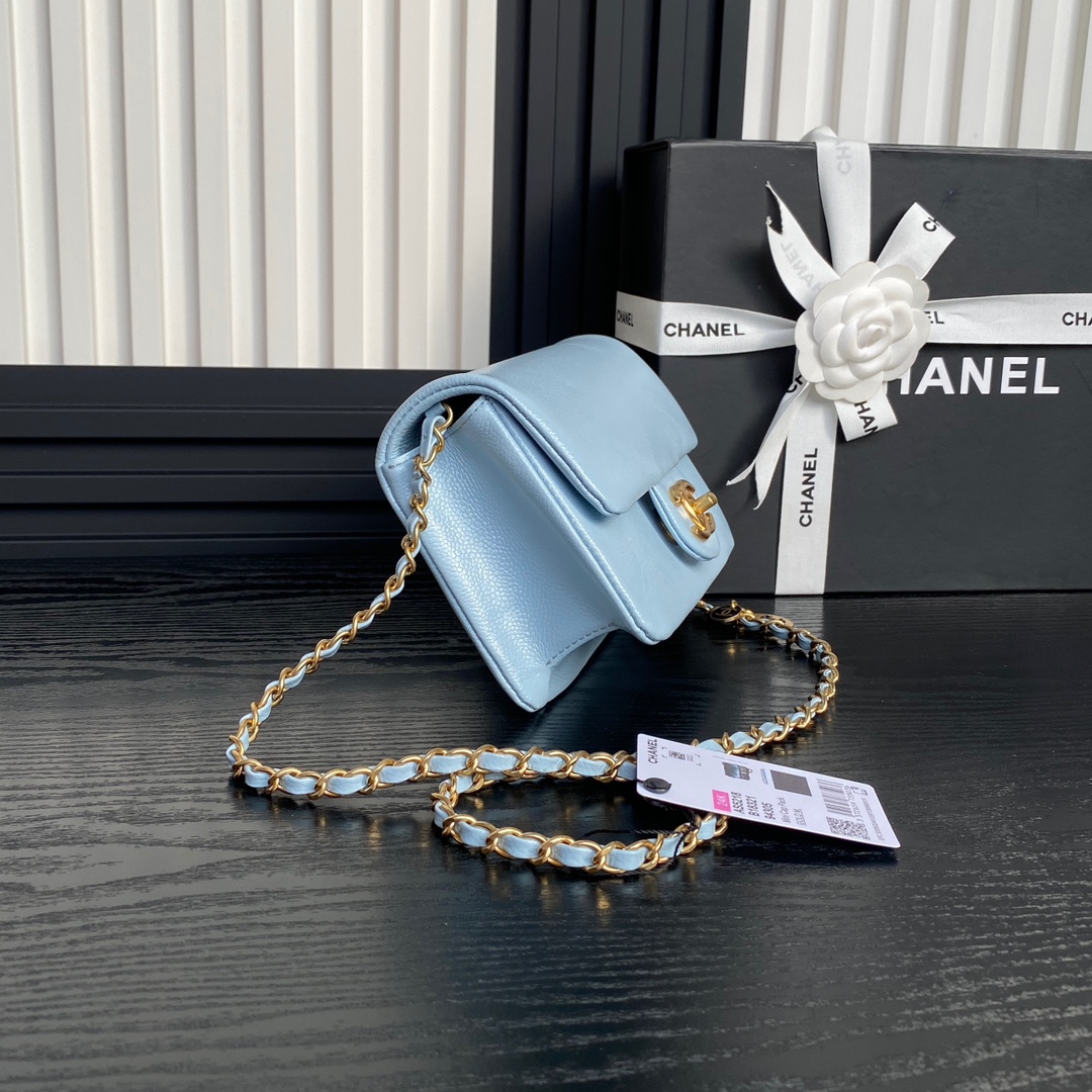 Chanel AS5218 Mini Flap Bag Grained Shiny Calfskin Gold-Tone Metal Blue