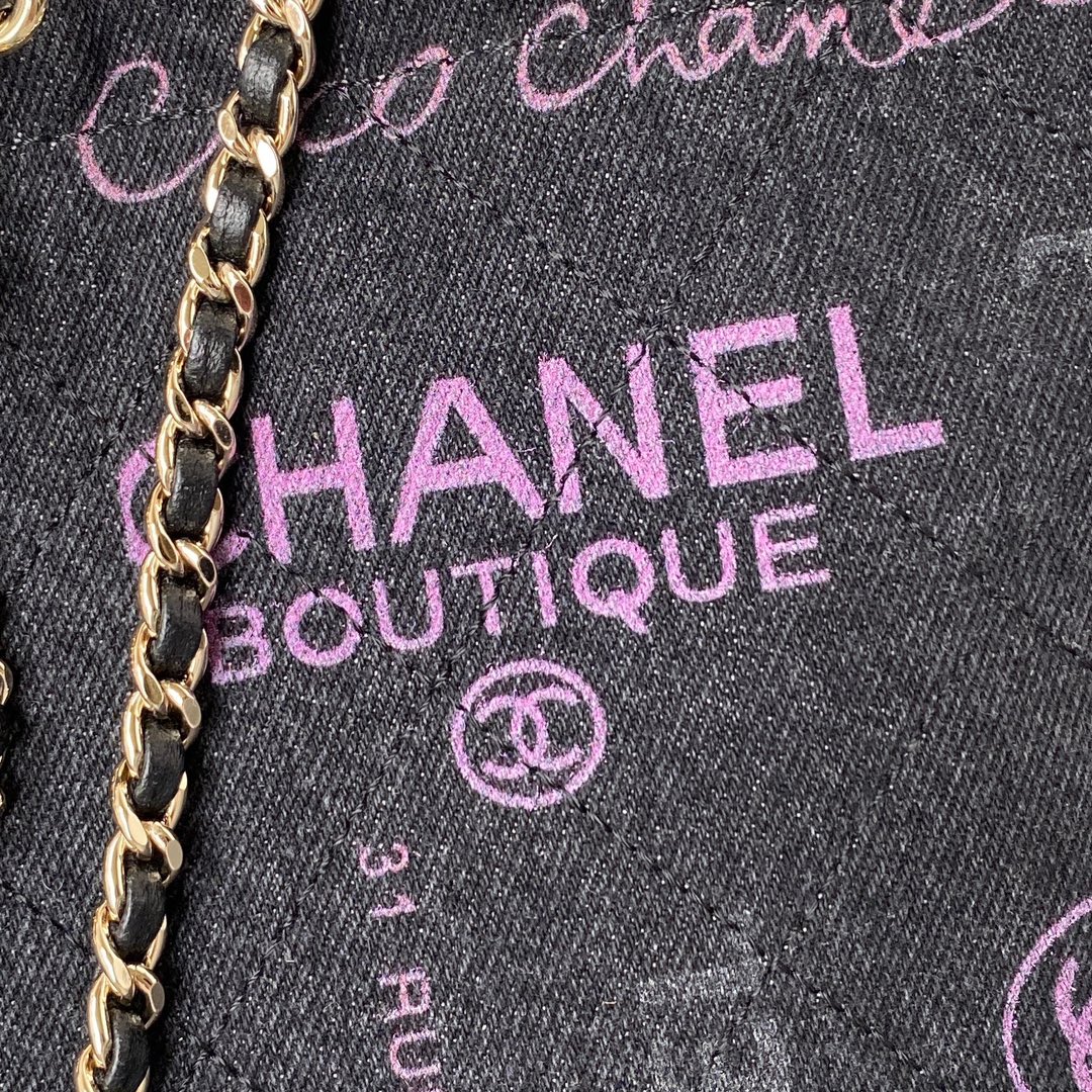 Chanel Bucklet Bag With Chain Printed Denim Lacquered Gold-Tone Metal Black Multicolor AS3027