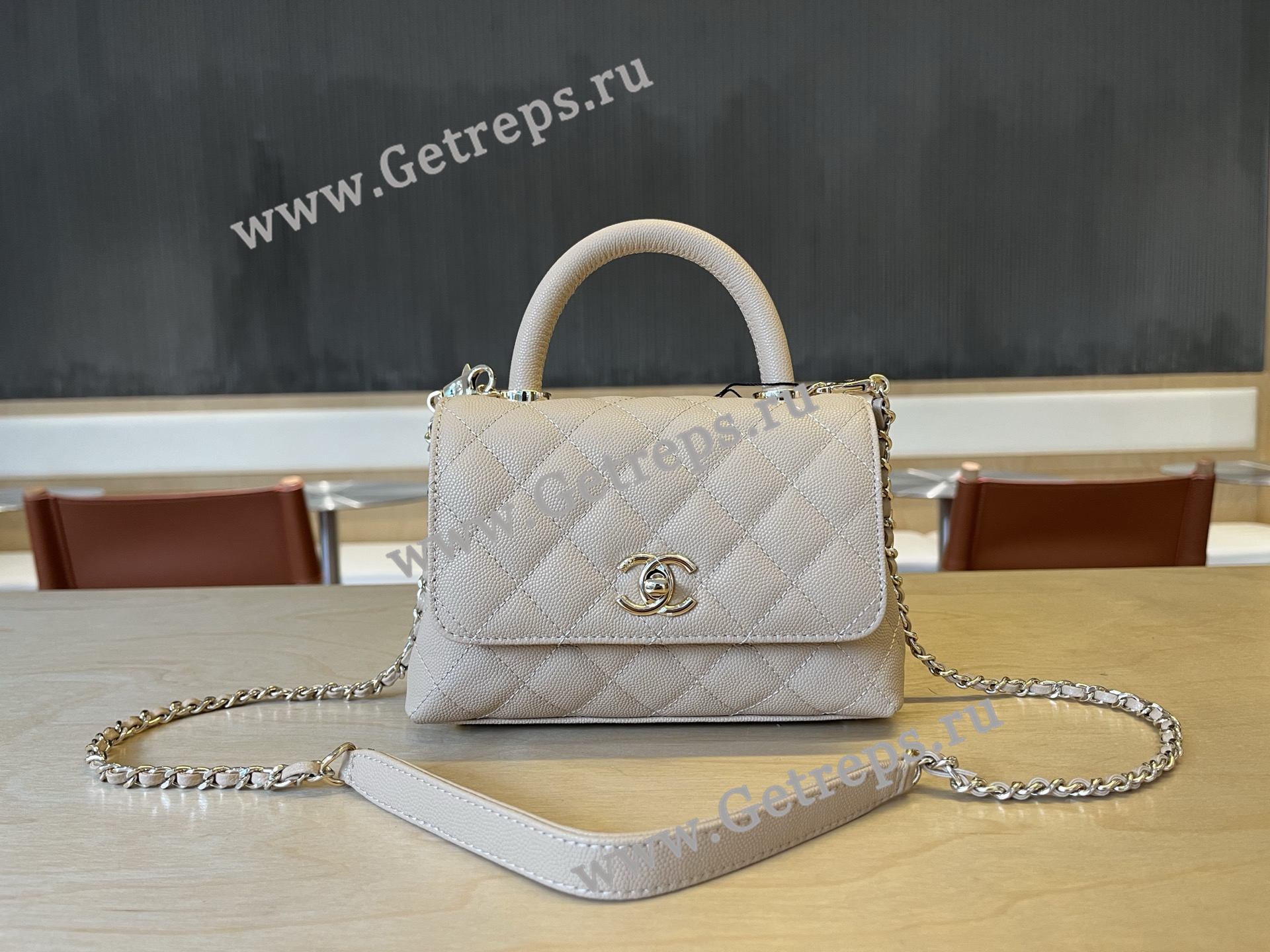 Chanel COCO Top Handle Handbag Beige Grained Calfskin 19cm