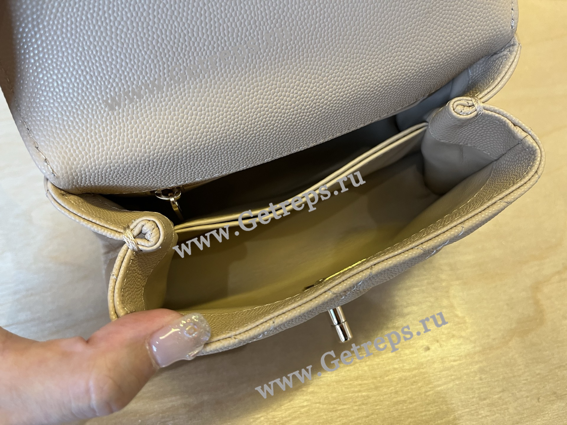 Chanel COCO Top Handle Handbag Beige Grained Calfskin 19cm