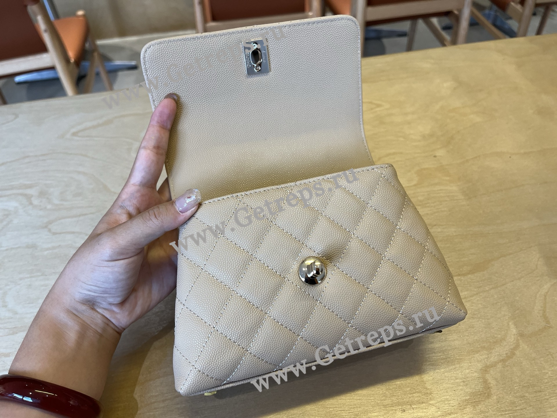 Chanel COCO Top Handle Handbag Beige Grained Calfskin 19cm