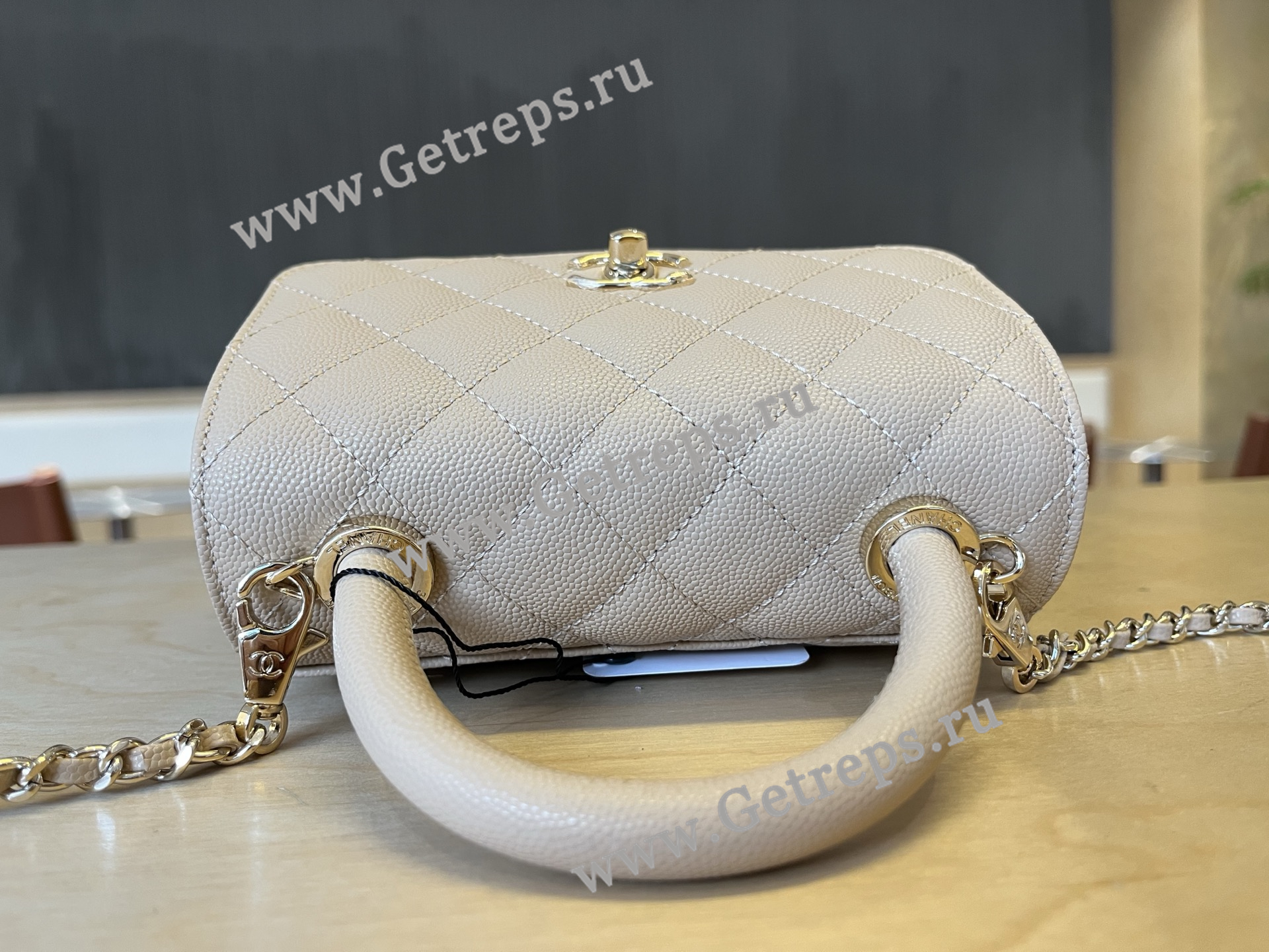 Chanel COCO Top Handle Handbag Beige Grained Calfskin 19cm