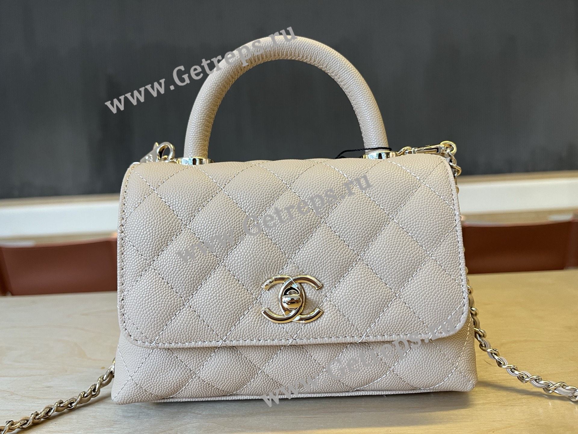 Chanel COCO Top Handle Handbag Beige Grained Calfskin 19cm