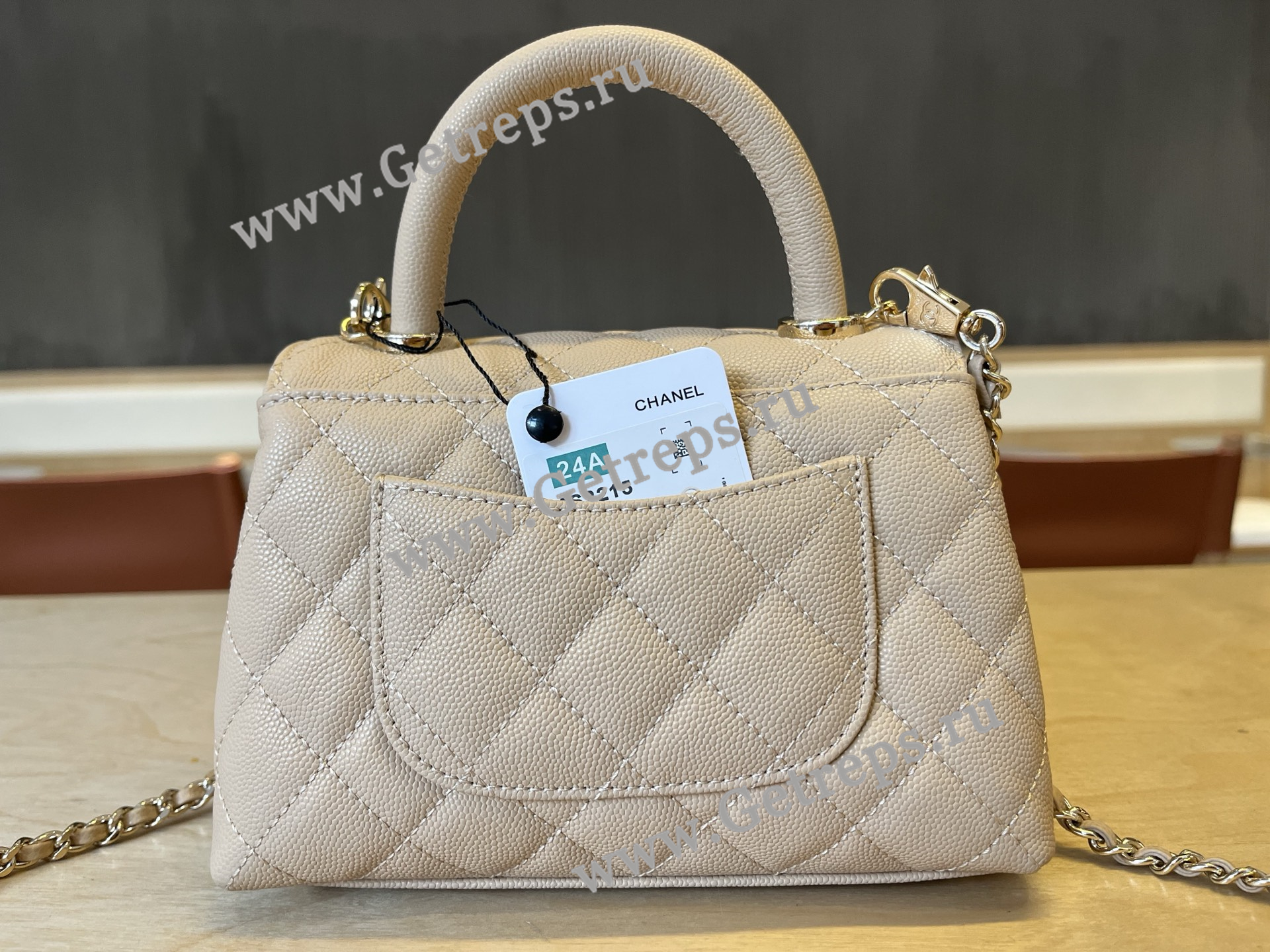 Chanel COCO Top Handle Handbag Beige Grained Calfskin 19cm