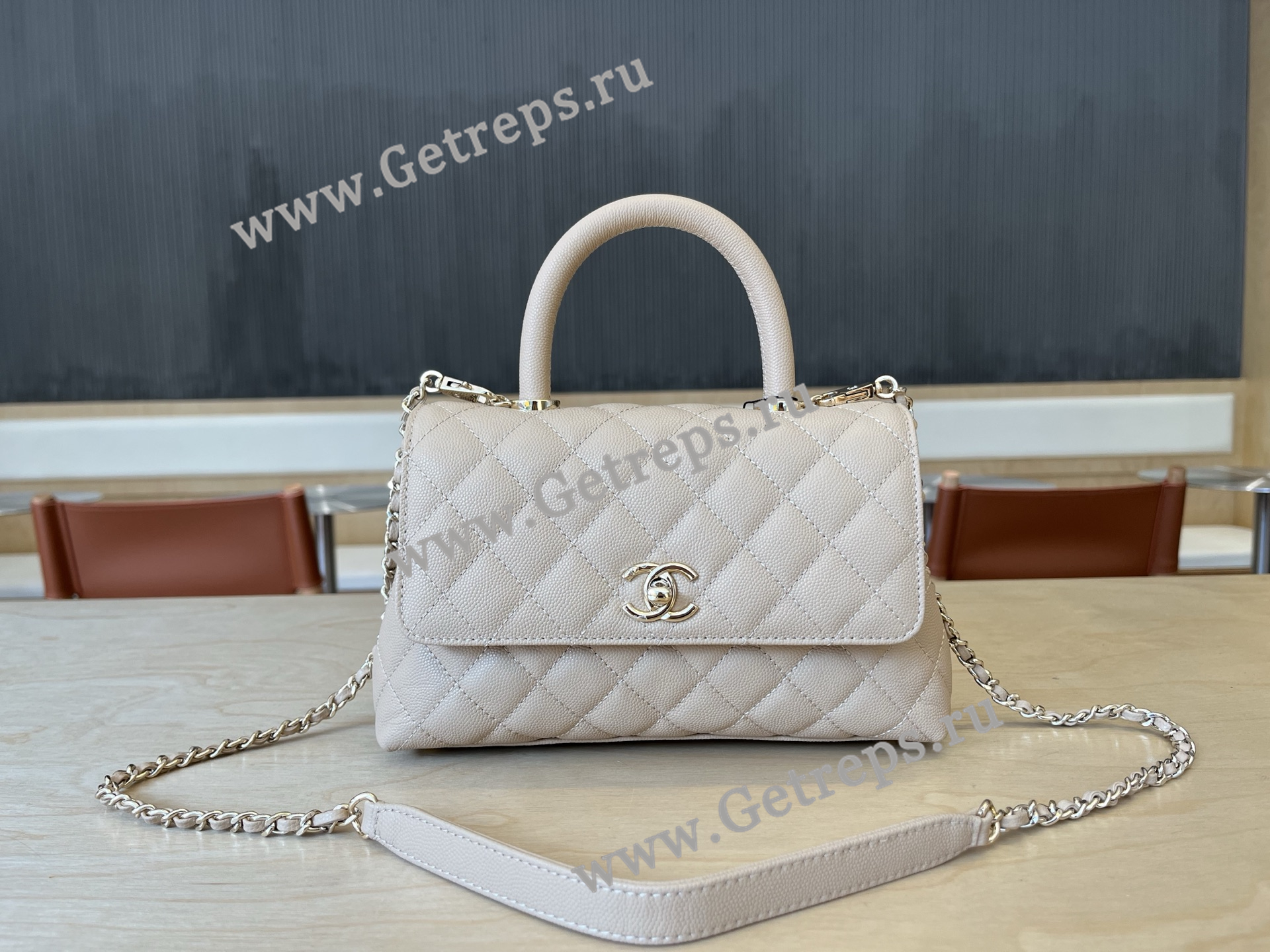 Chanel COCO Top Handle Handbag Beige Grained Calfskin 23cm