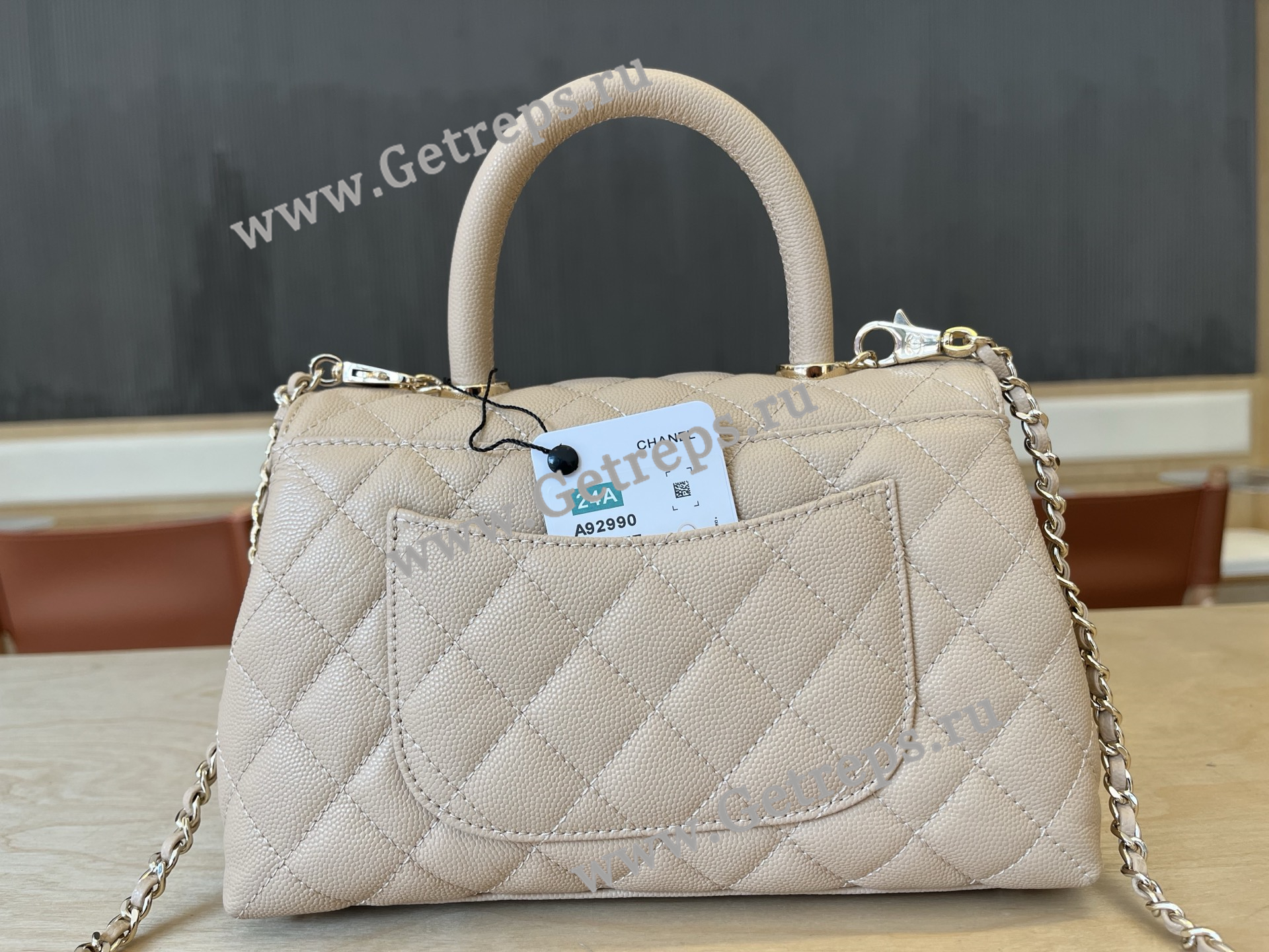 Chanel COCO Top Handle Handbag Beige Grained Calfskin 23cm