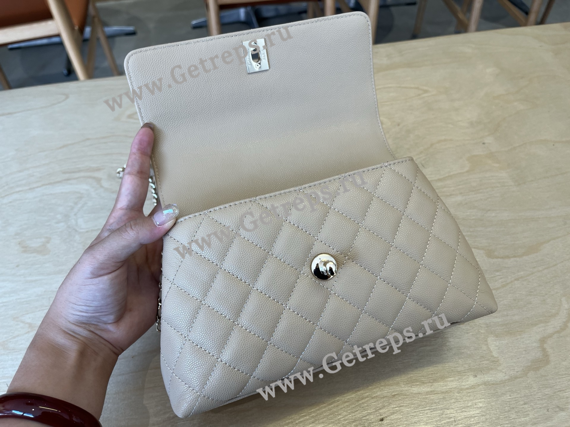 Chanel COCO Top Handle Handbag Beige Grained Calfskin 23cm