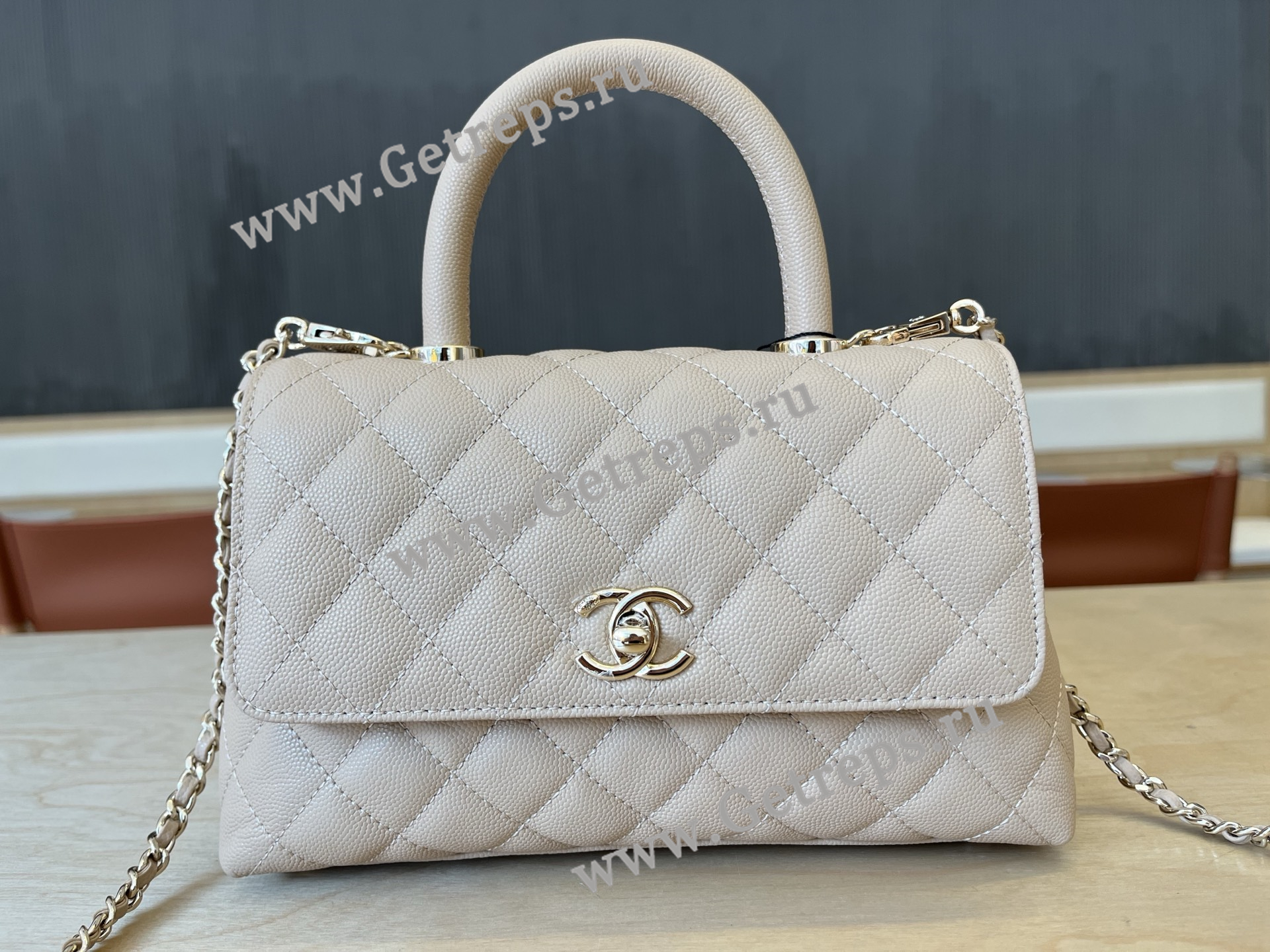 Chanel COCO Top Handle Handbag Beige Grained Calfskin 23cm