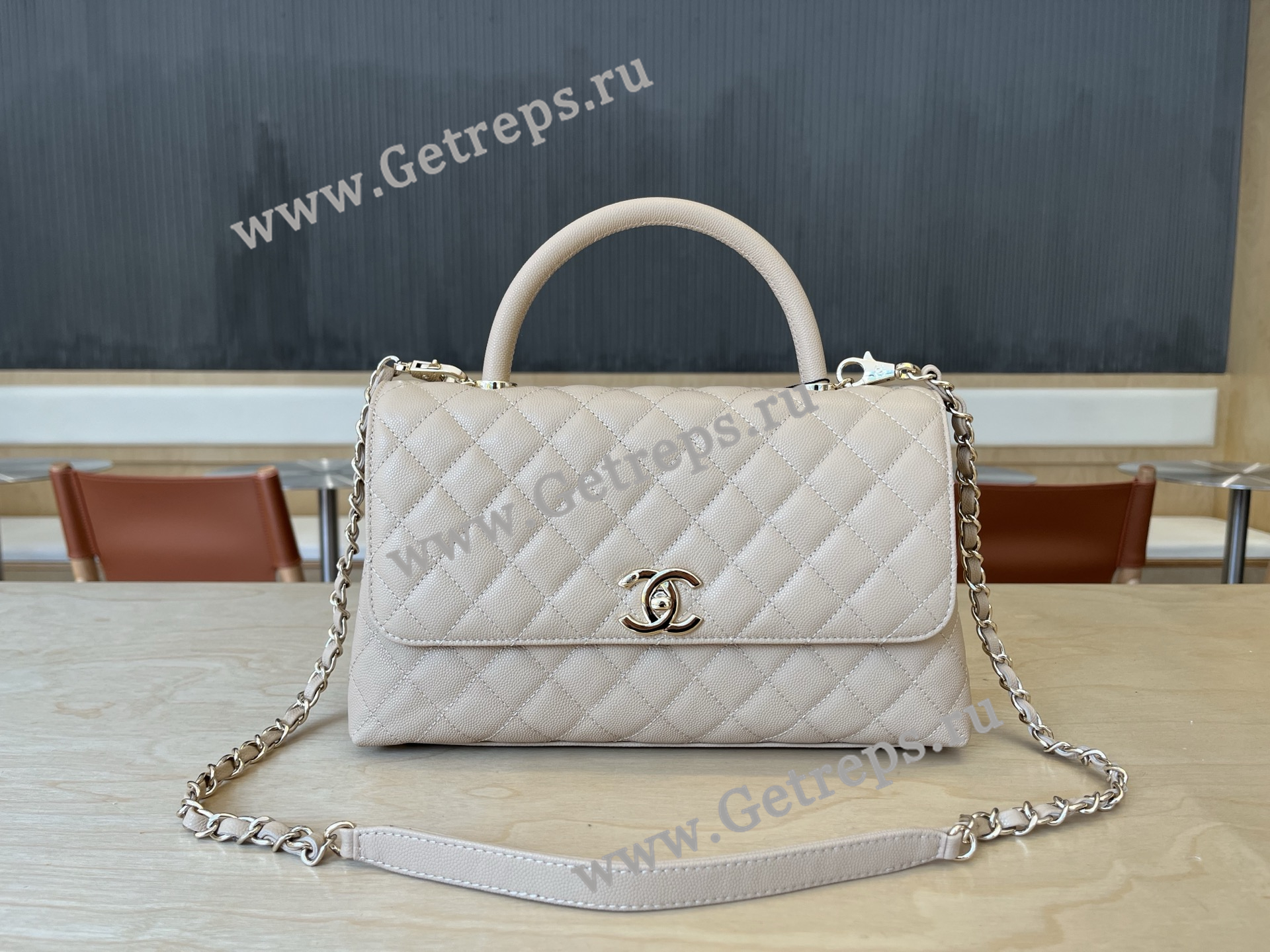 Chanel COCO Top Handle Handbag Beige Grained Calfskin 28cm