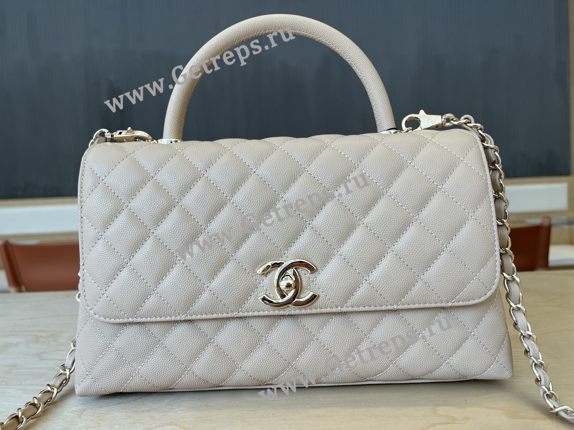 Chanel COCO Top Handle Handbag Beige Grained Calfskin 28cm