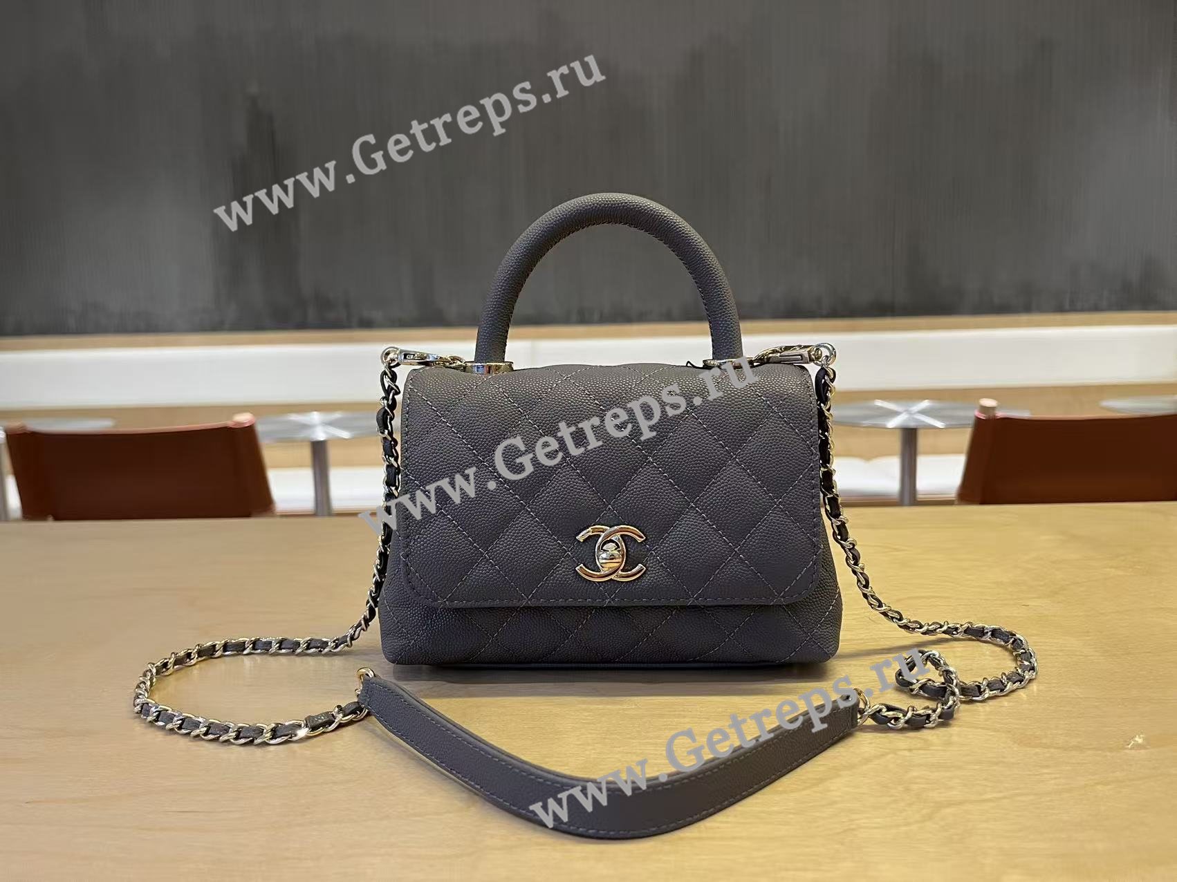 Chanel COCO Top Handle Handbag Black Grained Calfskin 19cm