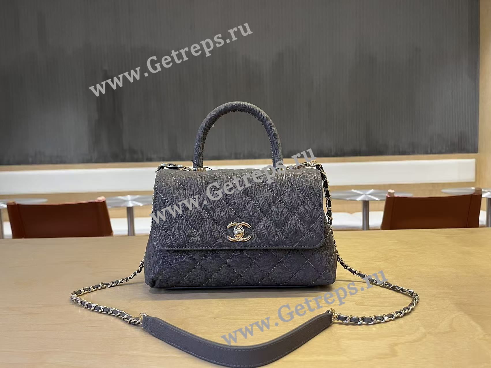 Chanel COCO Top Handle Handbag Black Grained Calfskin 23cm