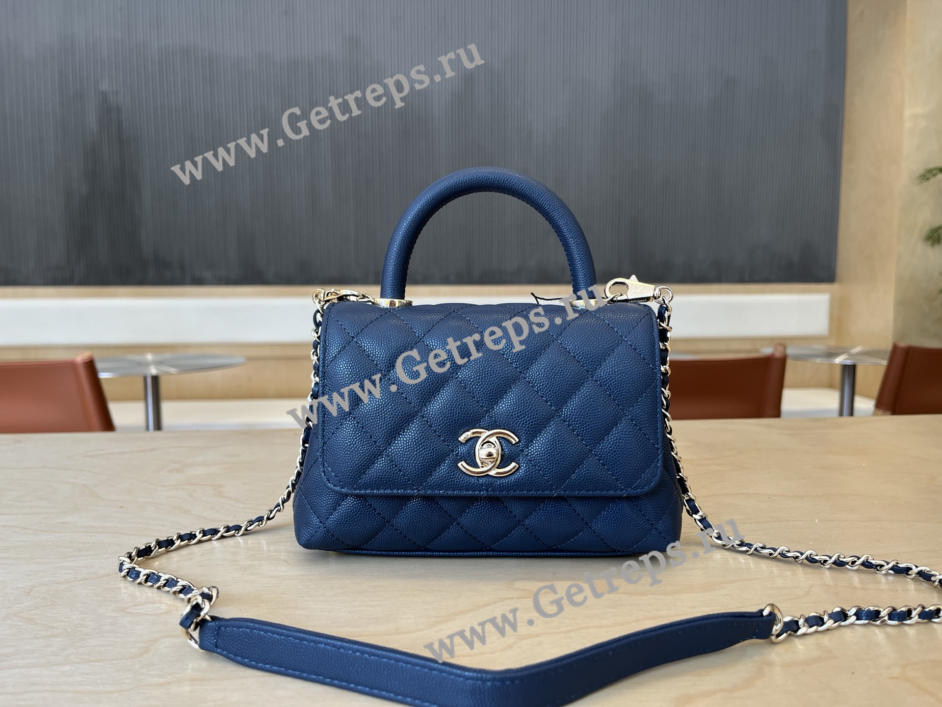 Chanel COCO Top Handle Handbag Blue Grained Calfskin 19cm