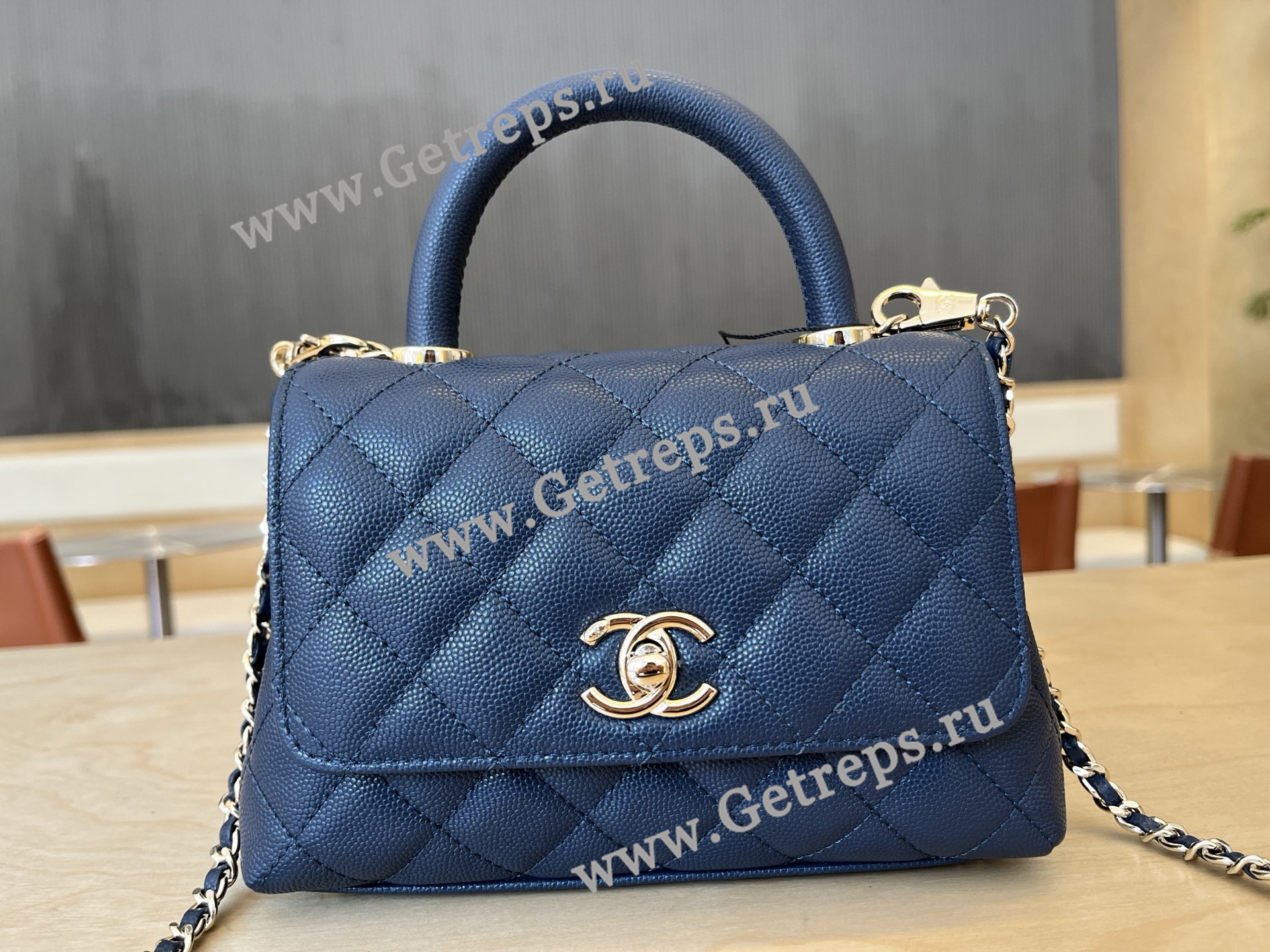 Chanel COCO Top Handle Handbag Blue Grained Calfskin 19cm