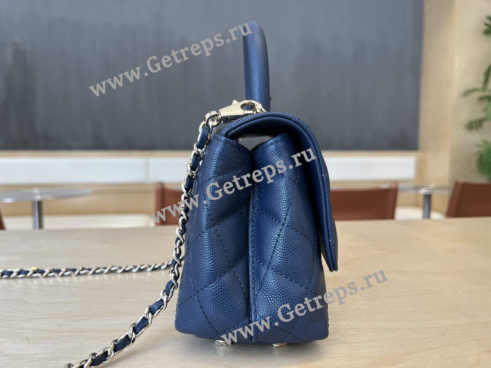 Chanel COCO Top Handle Handbag Blue Grained Calfskin 19cm