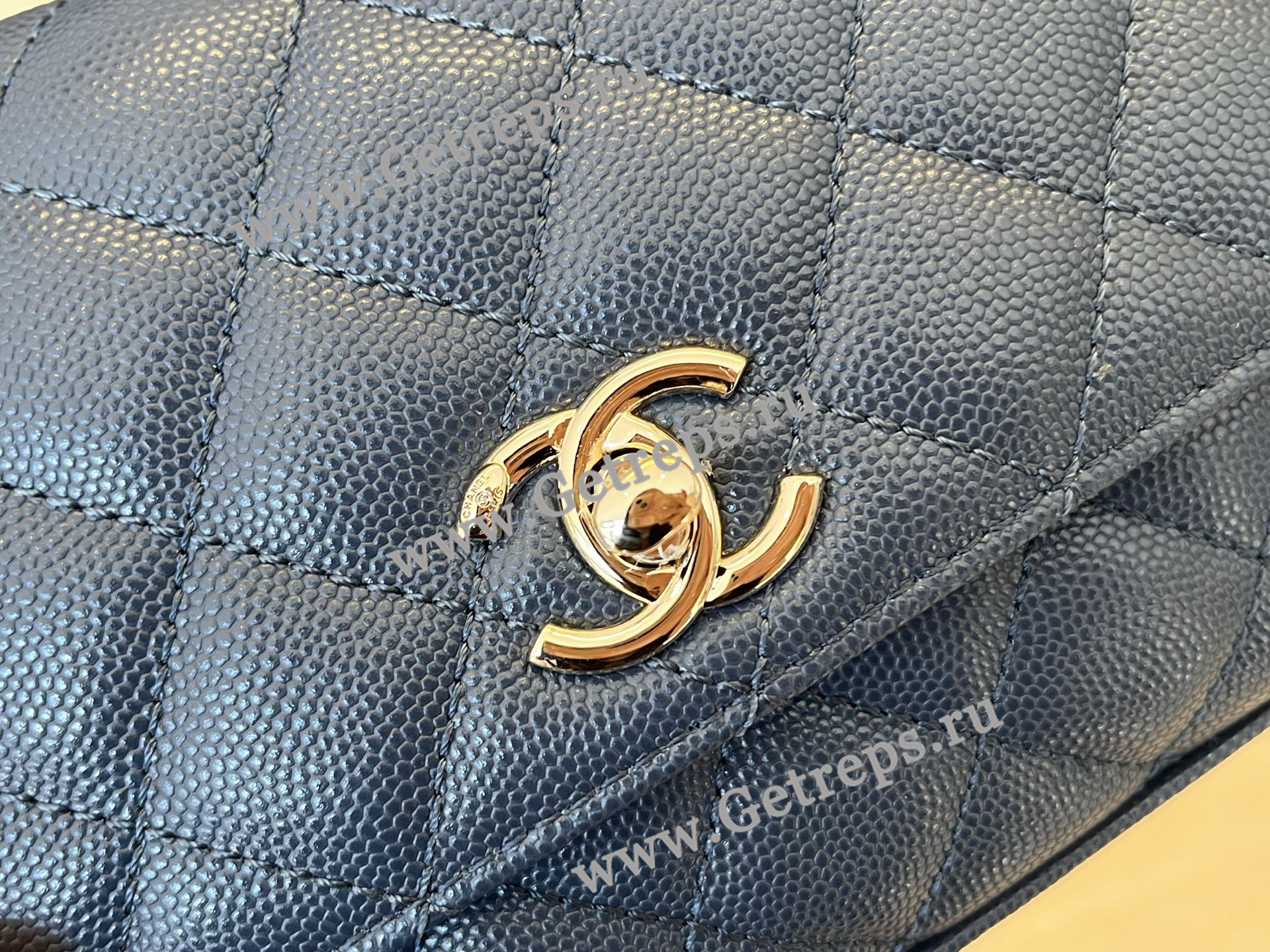 Chanel COCO Top Handle Handbag Blue Grained Calfskin 19cm