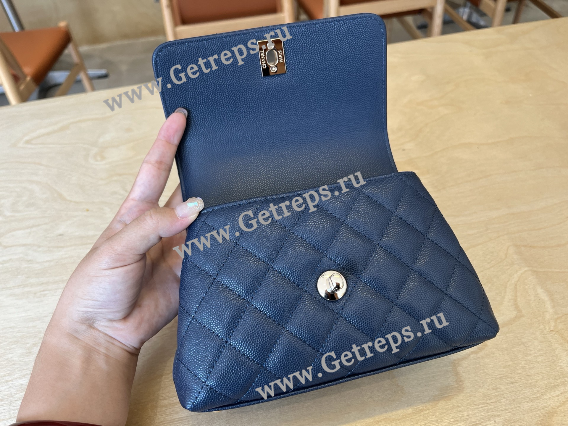 Chanel COCO Top Handle Handbag Blue Grained Calfskin 19cm