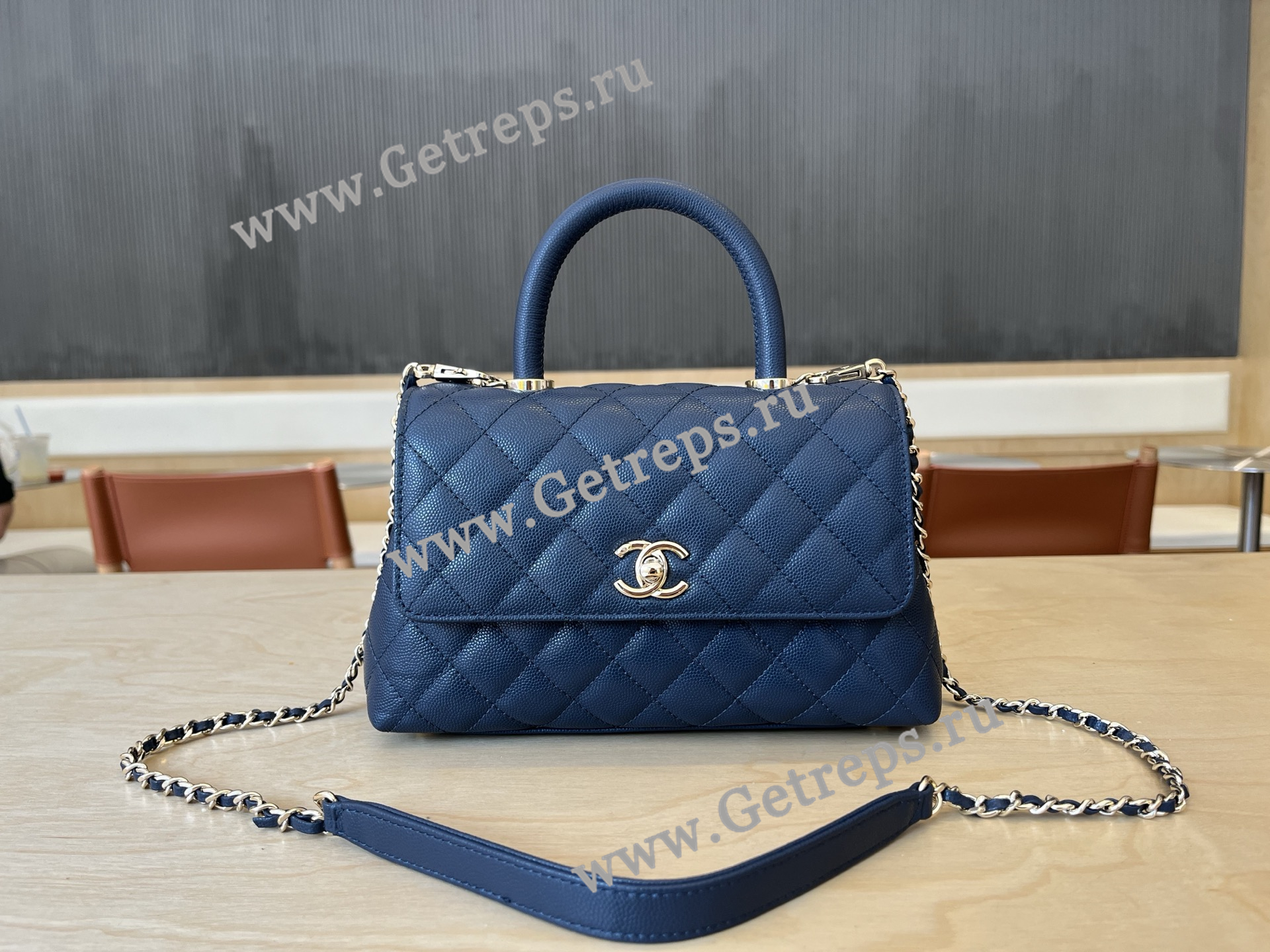Chanel COCO Top Handle Handbag Blue Grained Calfskin 23cm