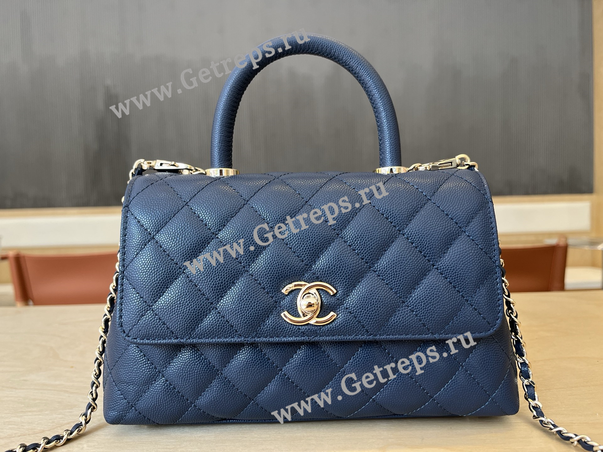 Chanel COCO Top Handle Handbag Blue Grained Calfskin 23cm