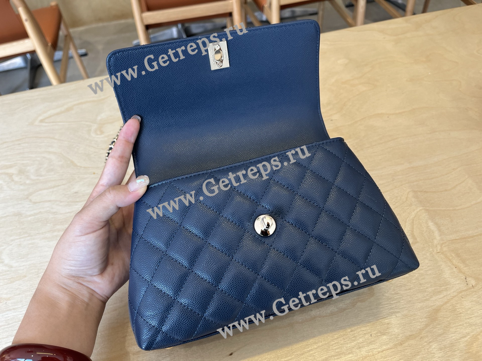 Chanel COCO Top Handle Handbag Blue Grained Calfskin 23cm