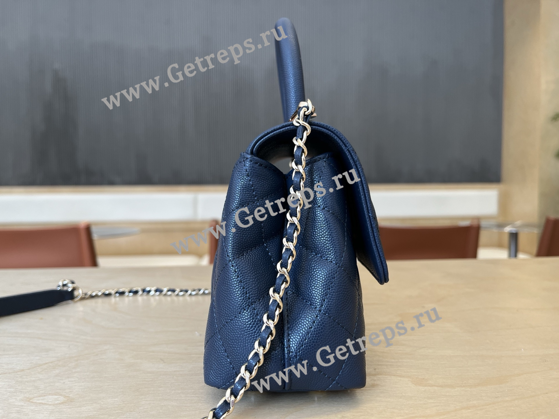 Chanel COCO Top Handle Handbag Blue Grained Calfskin 23cm