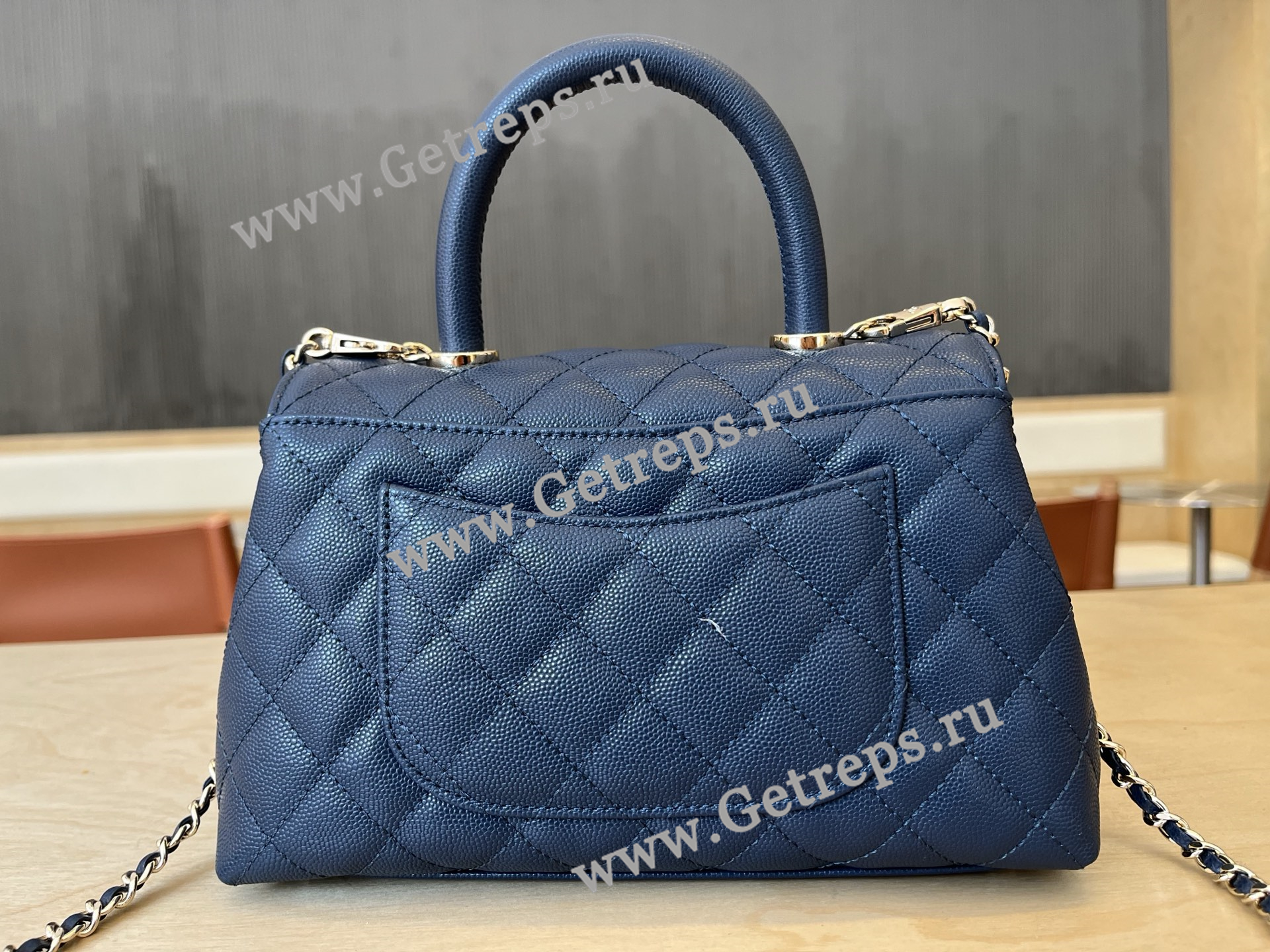 Chanel COCO Top Handle Handbag Blue Grained Calfskin 23cm
