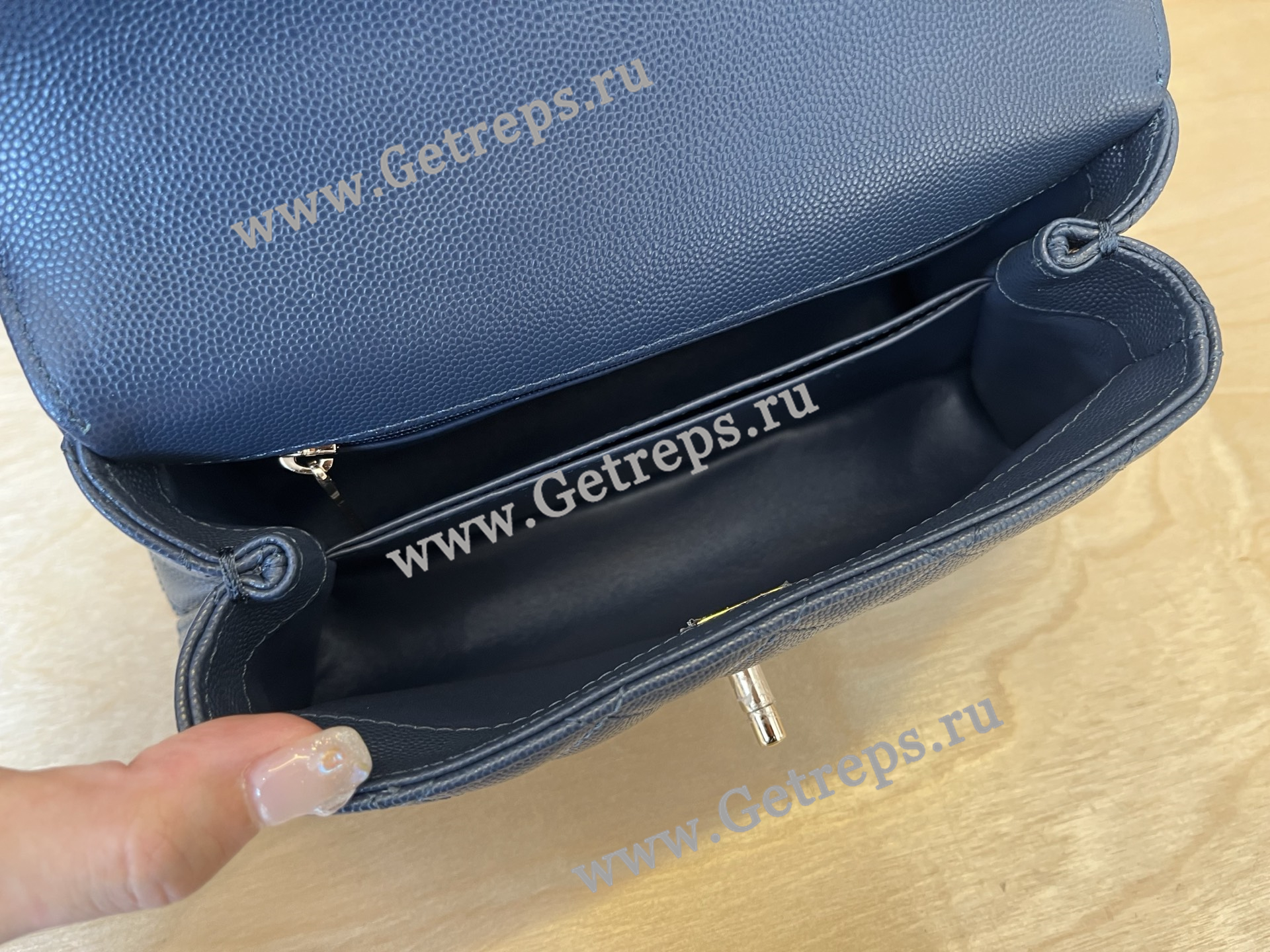 Chanel COCO Top Handle Handbag Blue Grained Calfskin 23cm