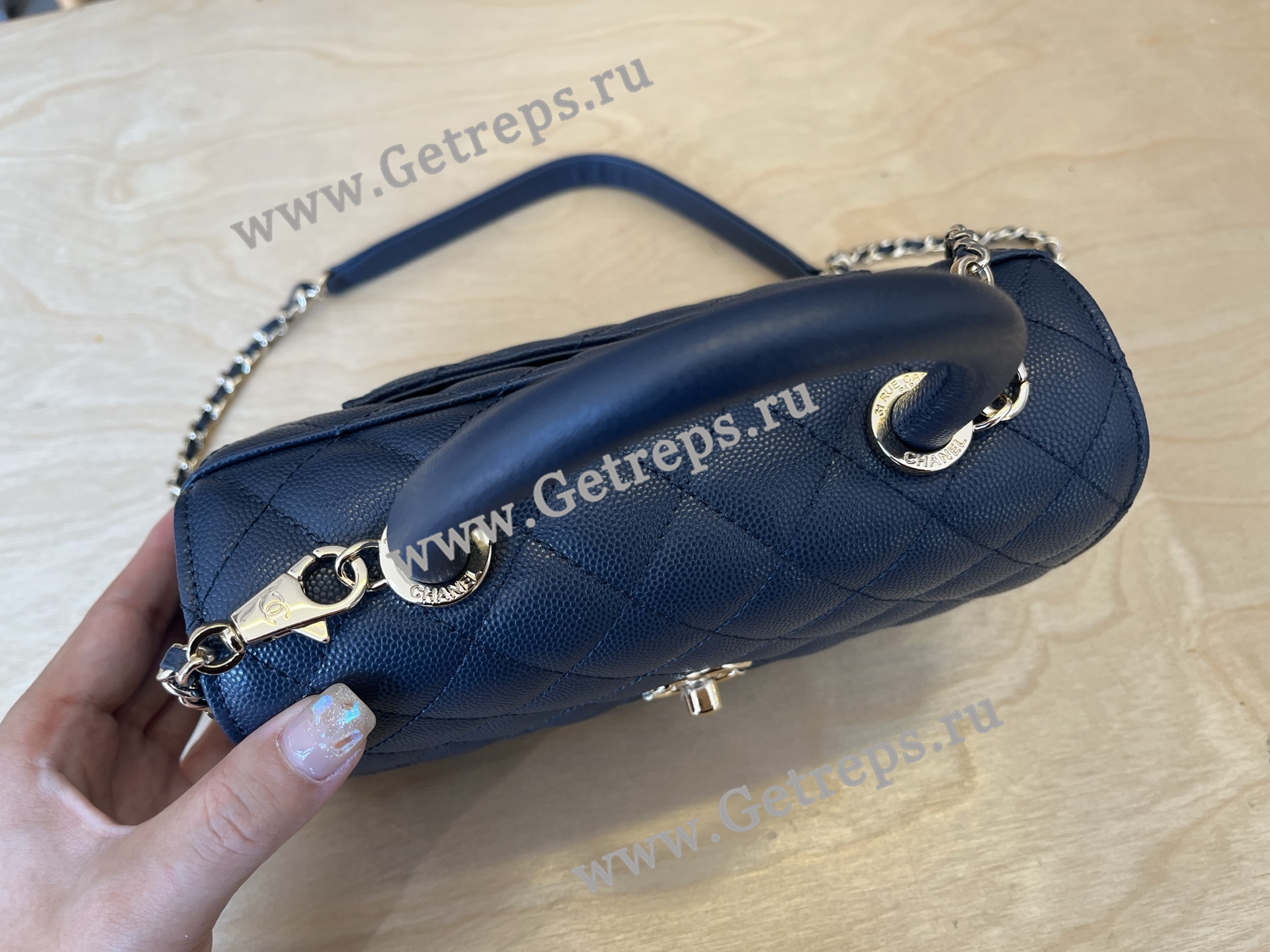 Chanel COCO Top Handle Handbag Blue Grained Calfskin 23cm