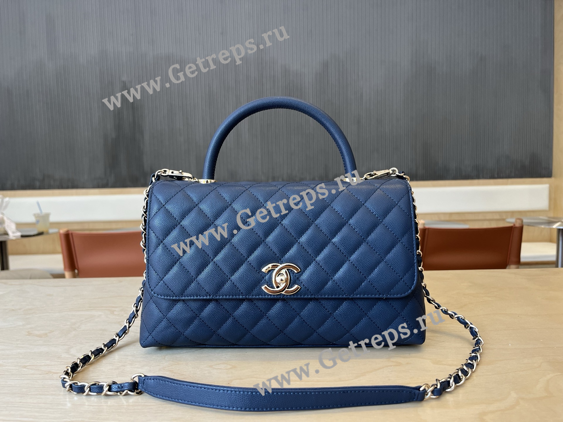 Chanel COCO Top Handle Handbag Blue Grained Calfskin 28cm