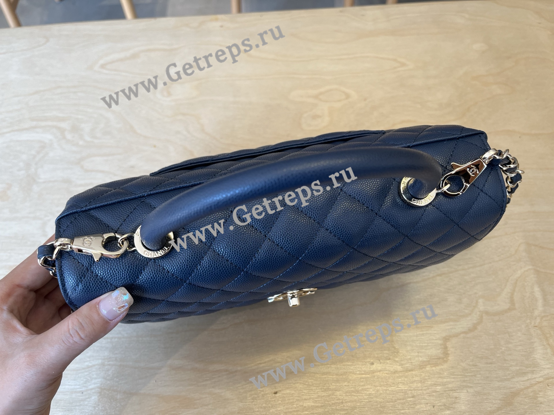 Chanel COCO Top Handle Handbag Blue Grained Calfskin 28cm