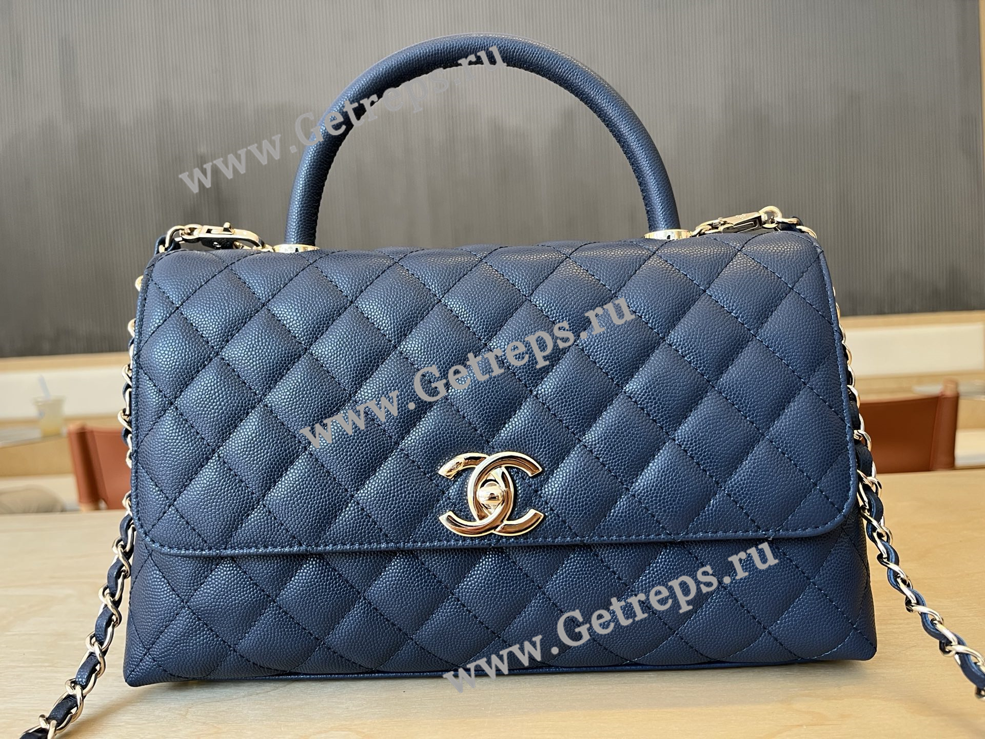 Chanel COCO Top Handle Handbag Blue Grained Calfskin 28cm