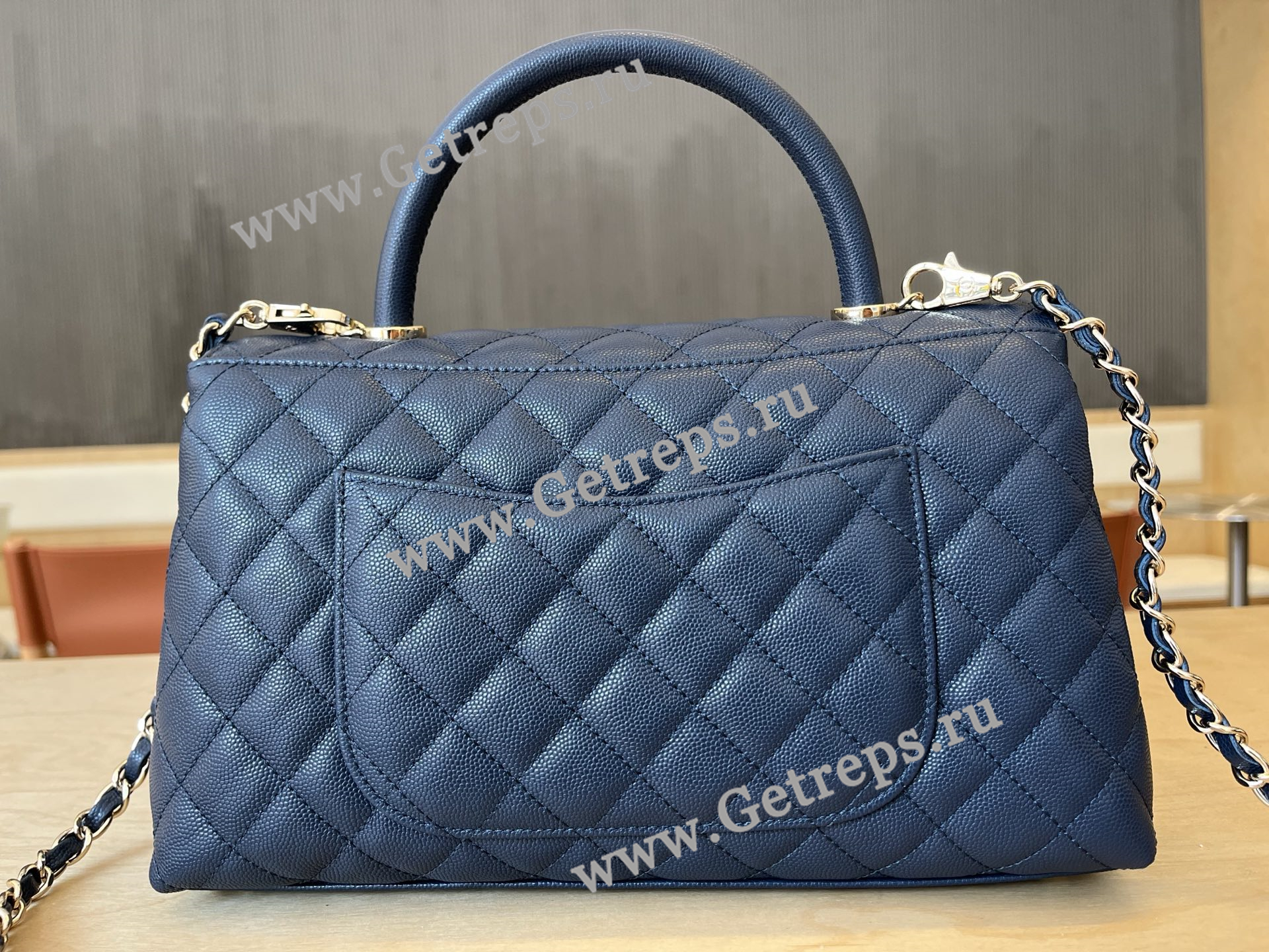 Chanel COCO Top Handle Handbag Blue Grained Calfskin 28cm