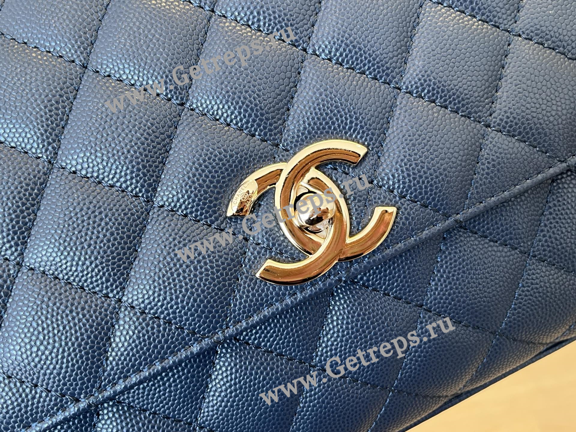 Chanel COCO Top Handle Handbag Blue Grained Calfskin 28cm