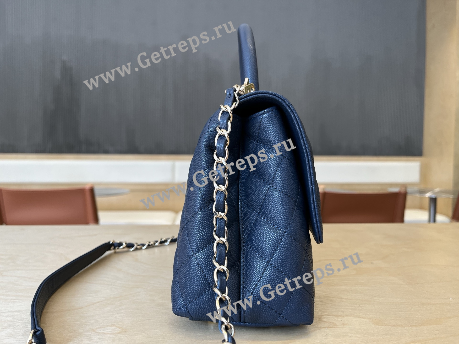 Chanel COCO Top Handle Handbag Blue Grained Calfskin 28cm