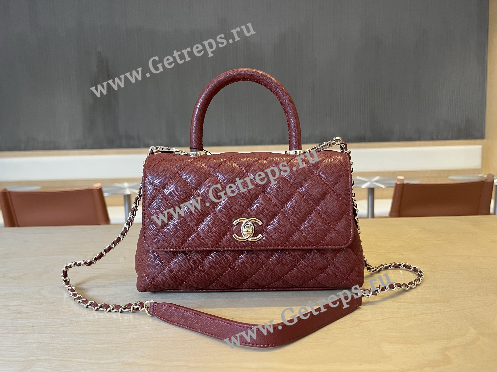 Chanel COCO Top Handle Handbag Dark Red Grained Calfskin 23cm