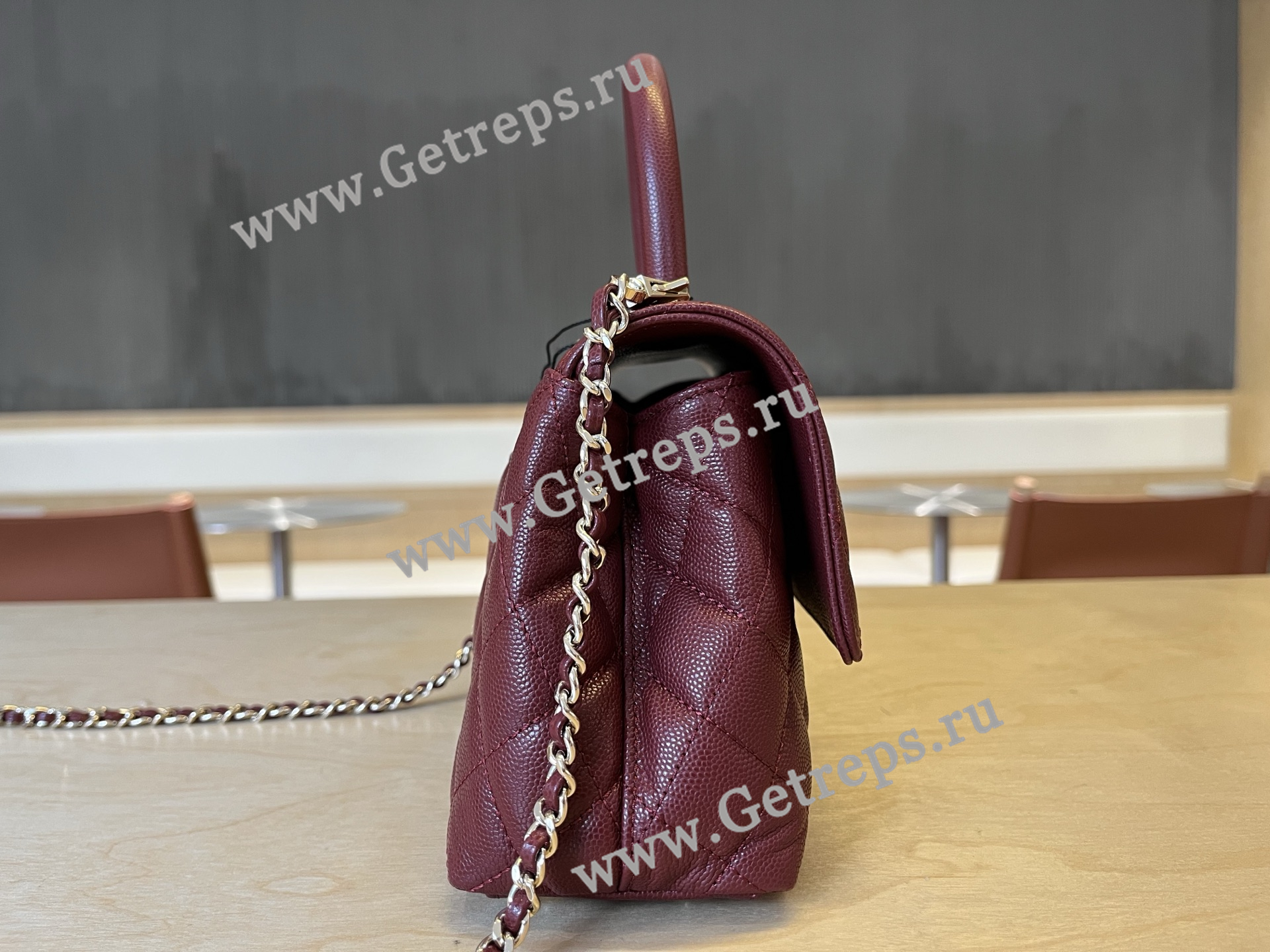 Chanel COCO Top Handle Handbag Dark Red Grained Calfskin 23cm