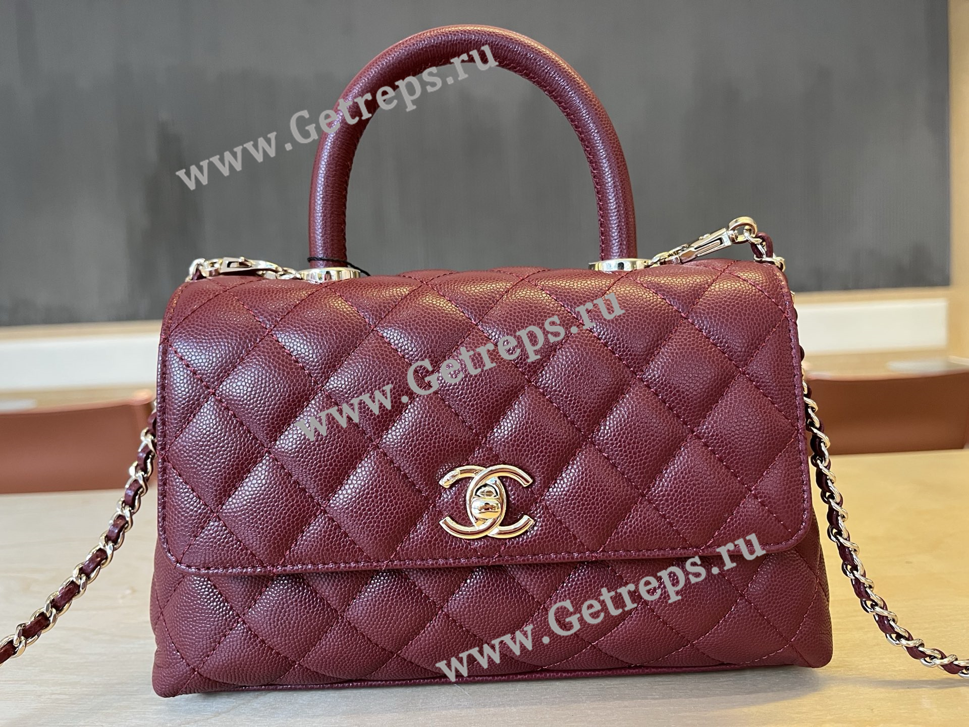 Chanel COCO Top Handle Handbag Dark Red Grained Calfskin 23cm