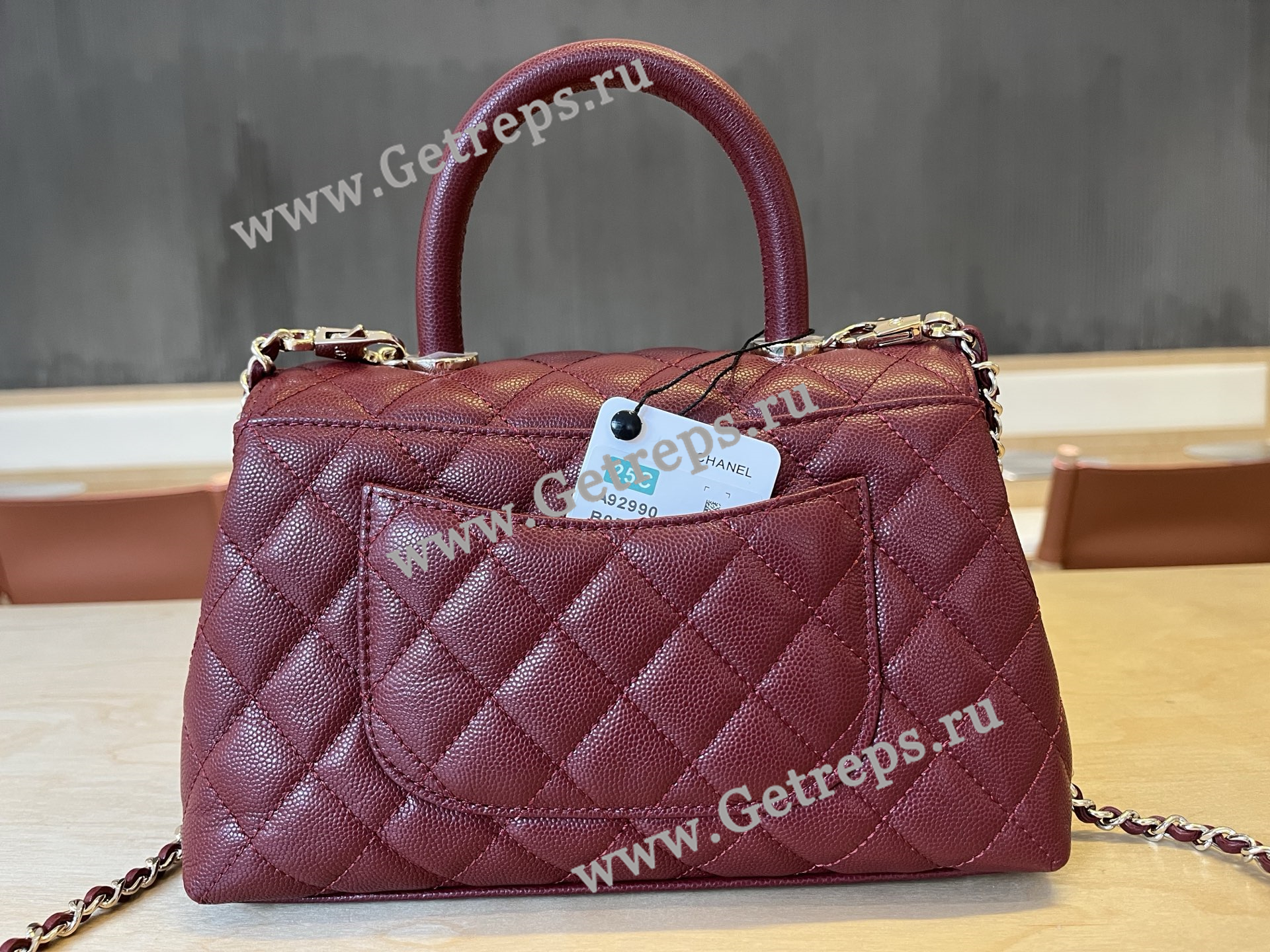 Chanel COCO Top Handle Handbag Dark Red Grained Calfskin 23cm
