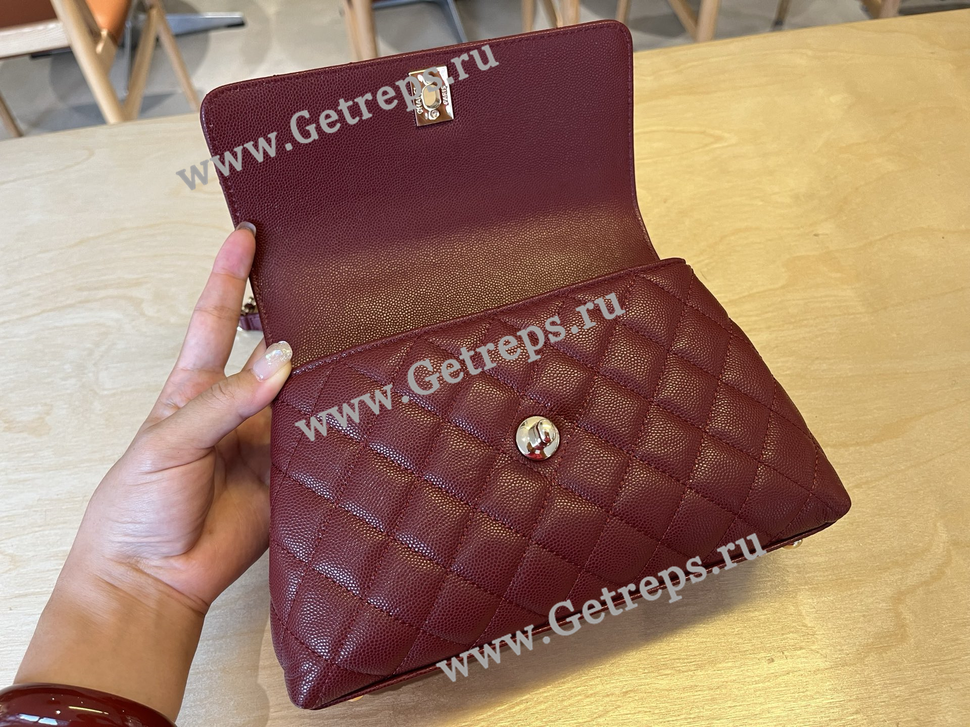 Chanel COCO Top Handle Handbag Dark Red Grained Calfskin 23cm