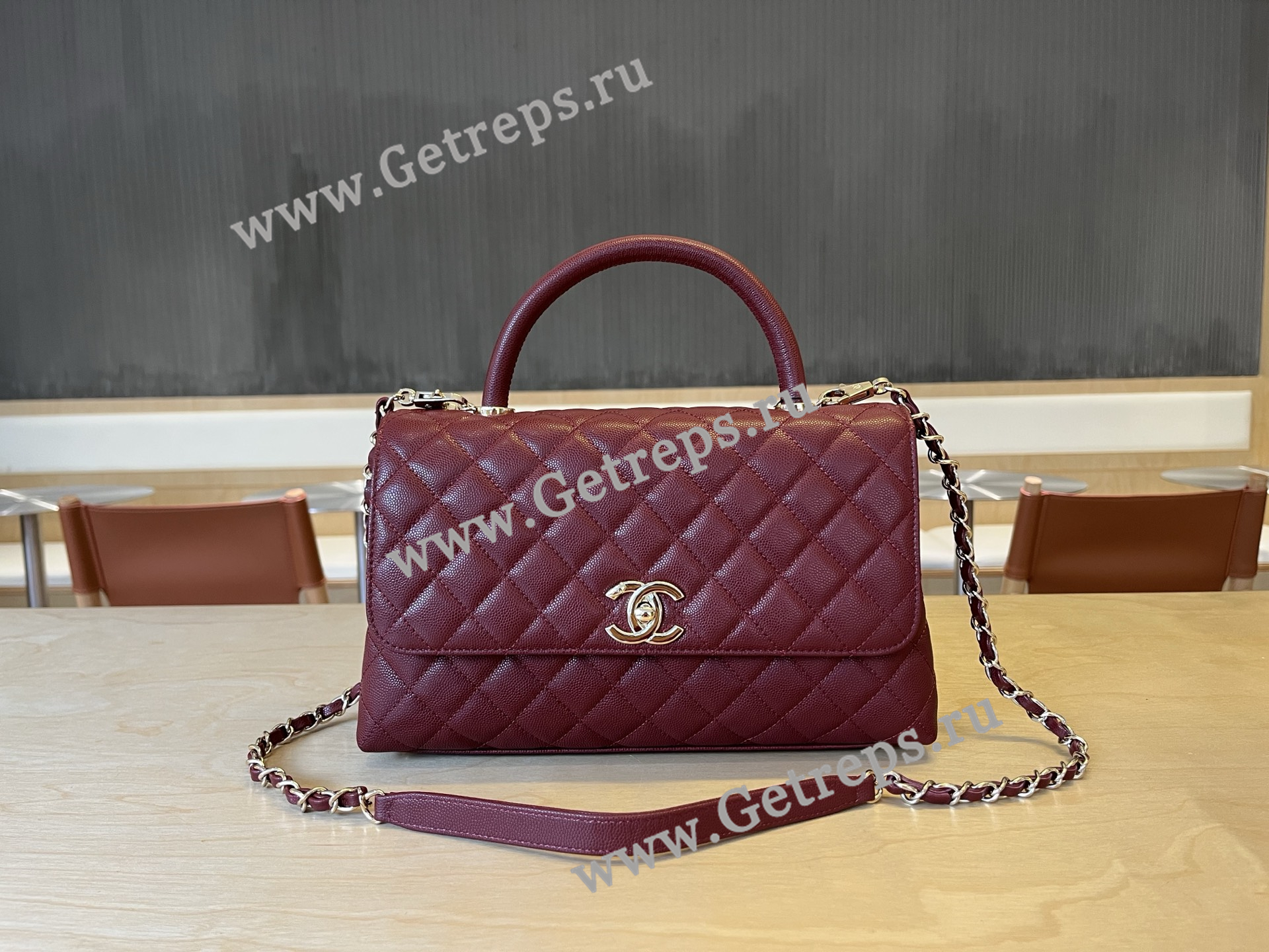 Chanel COCO Top Handle Handbag Dark Red Grained Calfskin 28cm