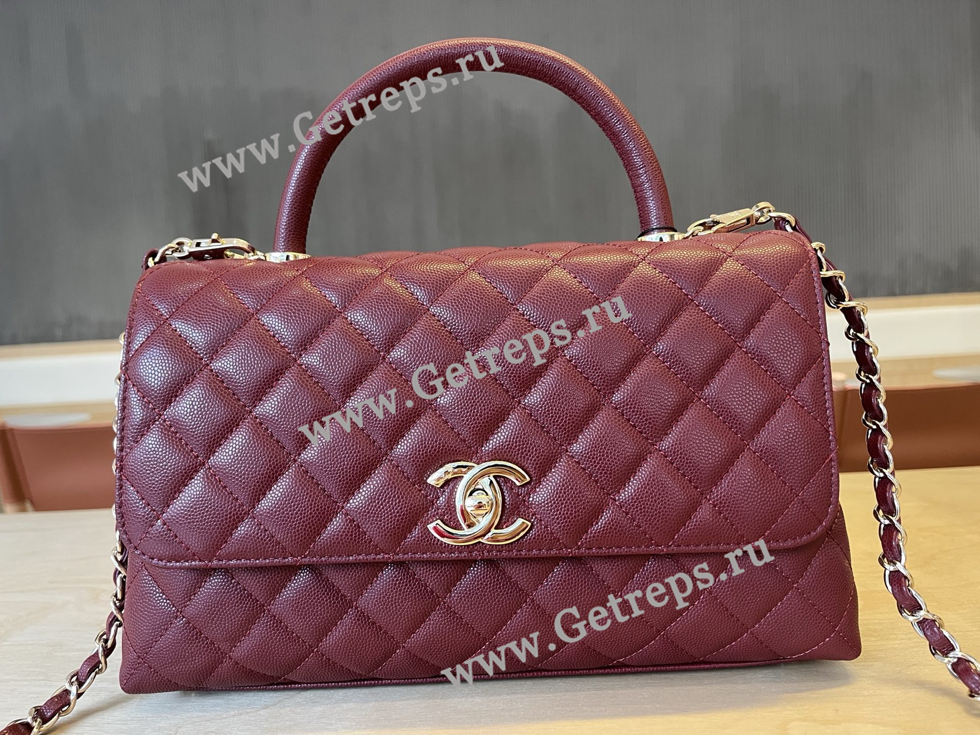 Chanel COCO Top Handle Handbag Dark Red Grained Calfskin 28cm