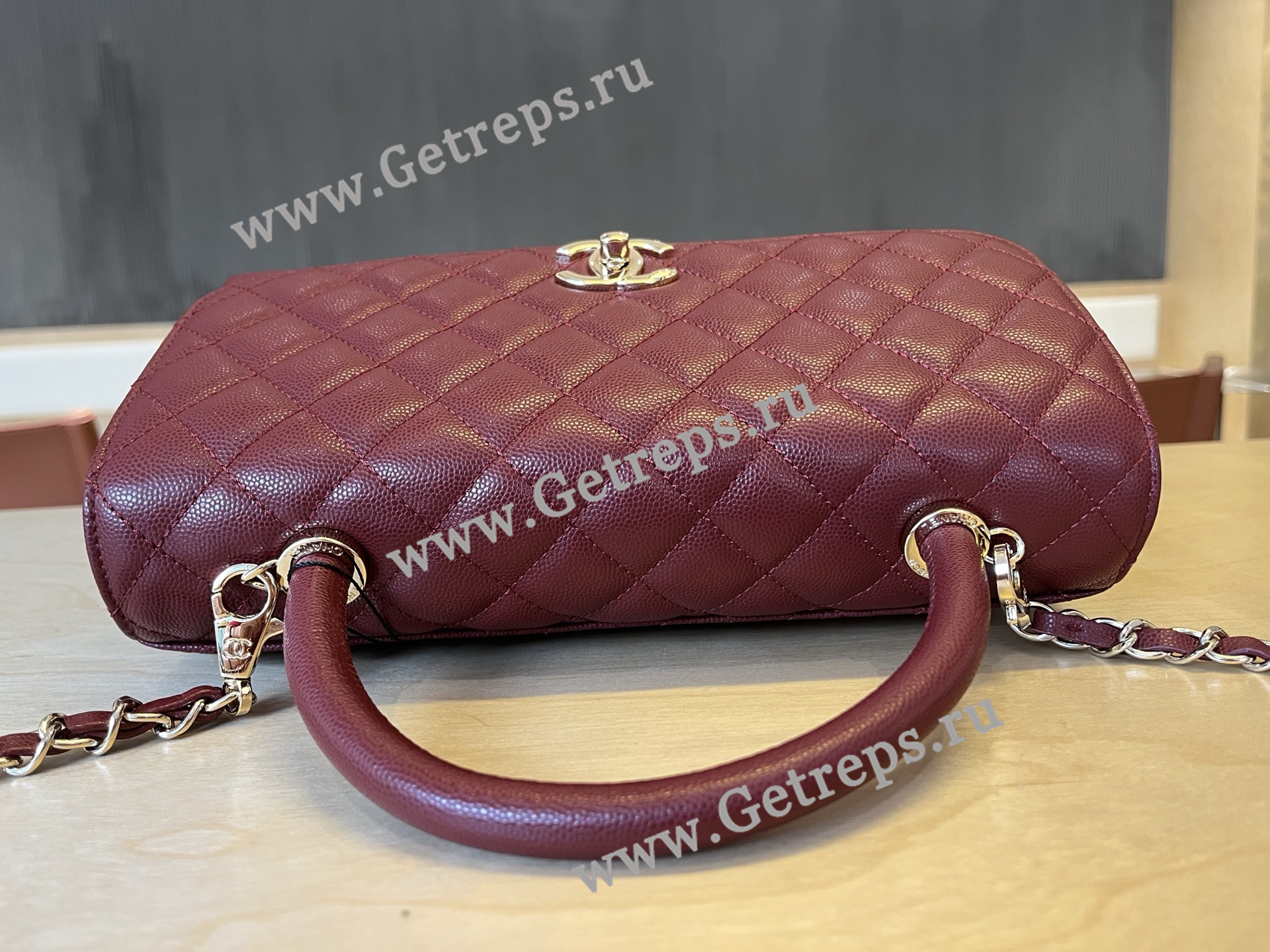 Chanel COCO Top Handle Handbag Dark Red Grained Calfskin 28cm