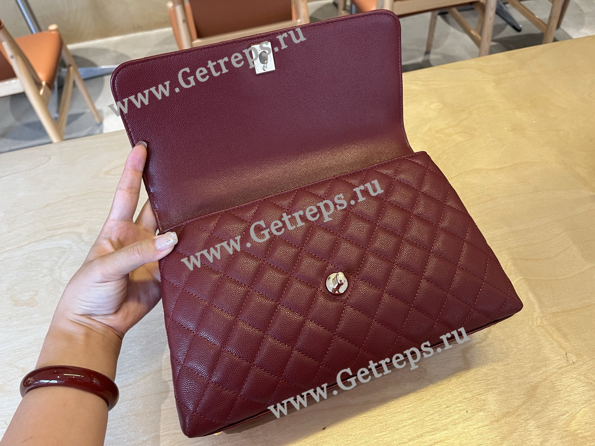 Chanel COCO Top Handle Handbag Dark Red Grained Calfskin 28cm