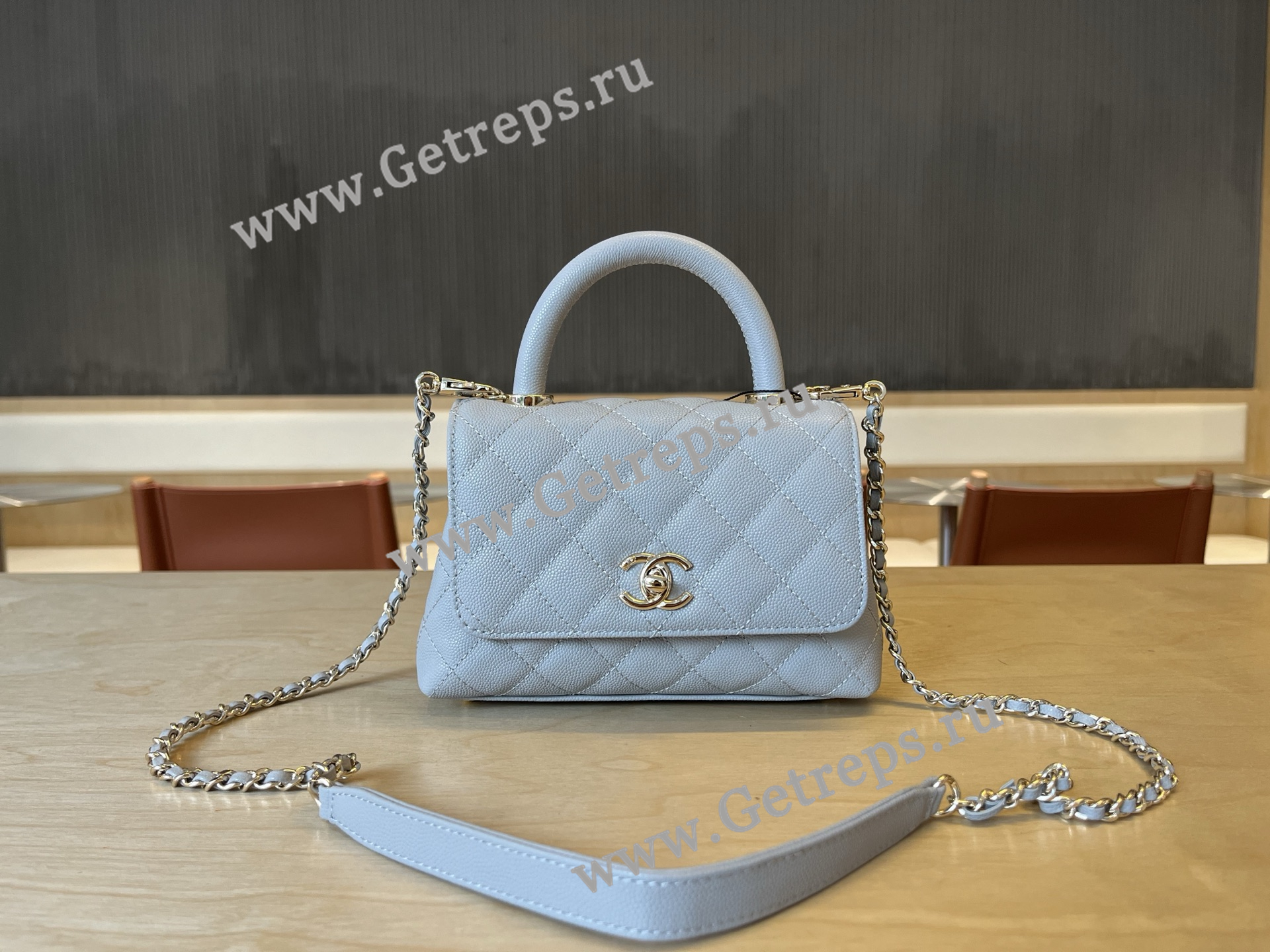 Chanel COCO Top Handle Handbag Light Blue Grained Calfskin 19cm