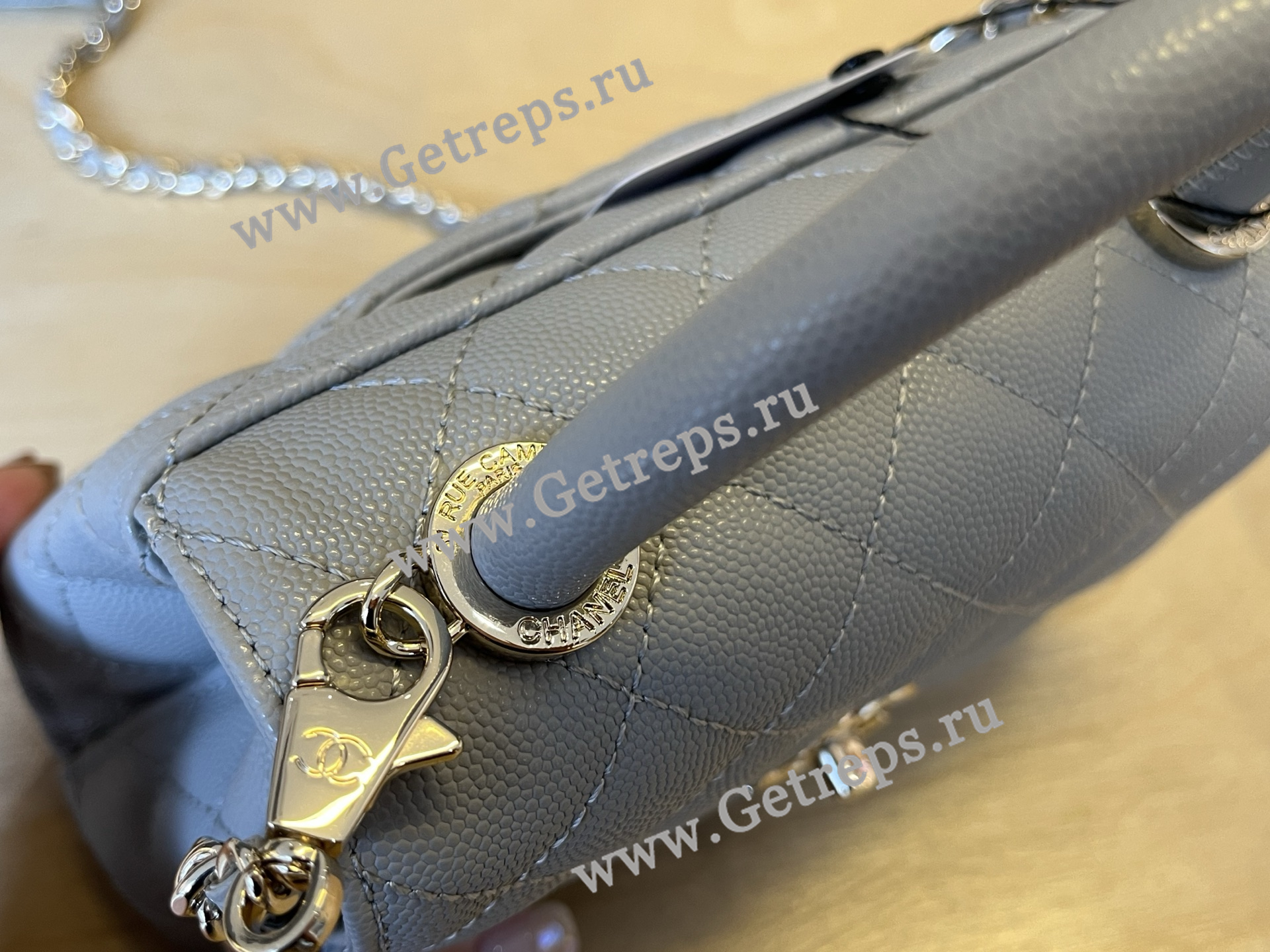 Chanel COCO Top Handle Handbag Light Blue Grained Calfskin 19cm